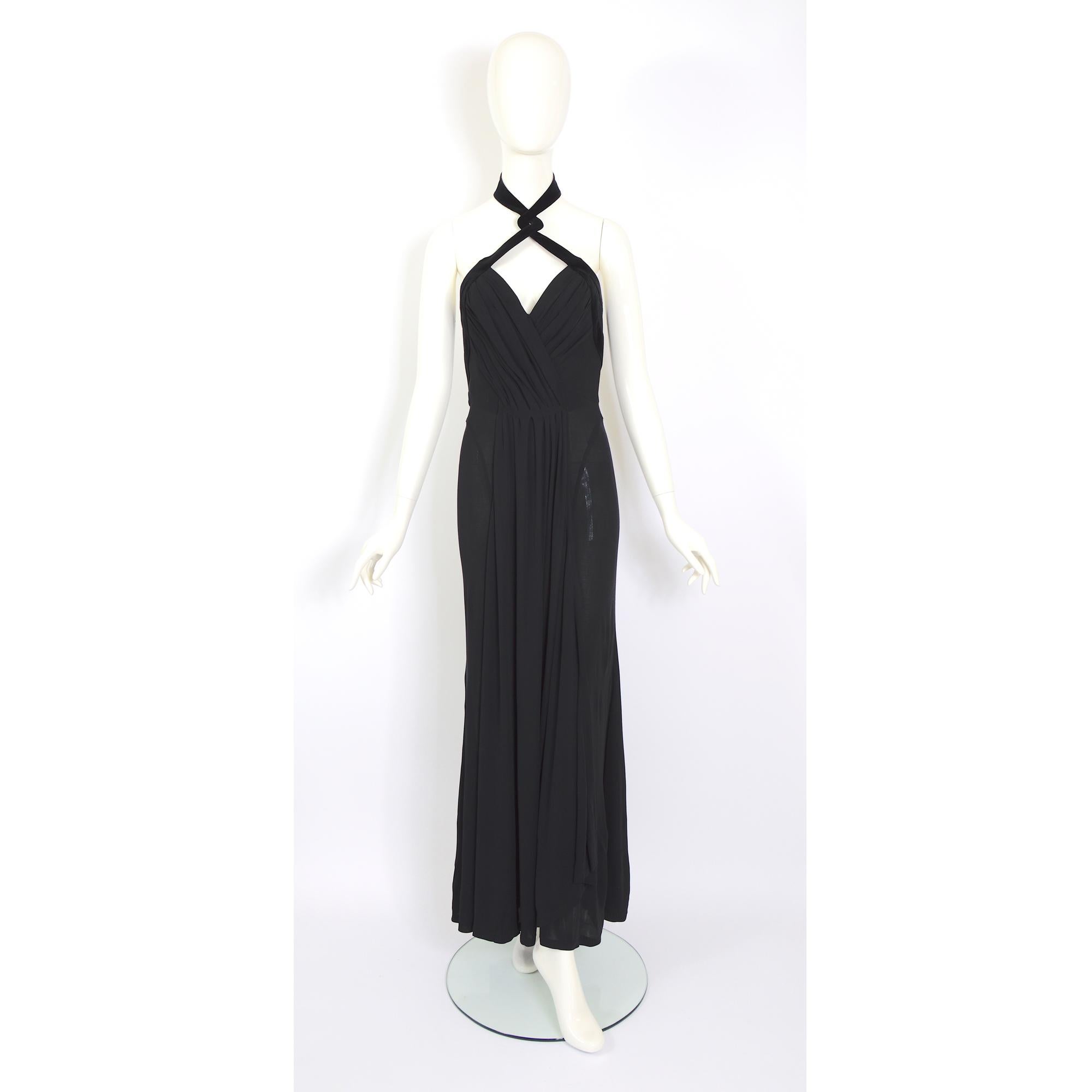 Thierry Mugler vintage F/W 1998 draped black with velvet trimmed halter dress 1
