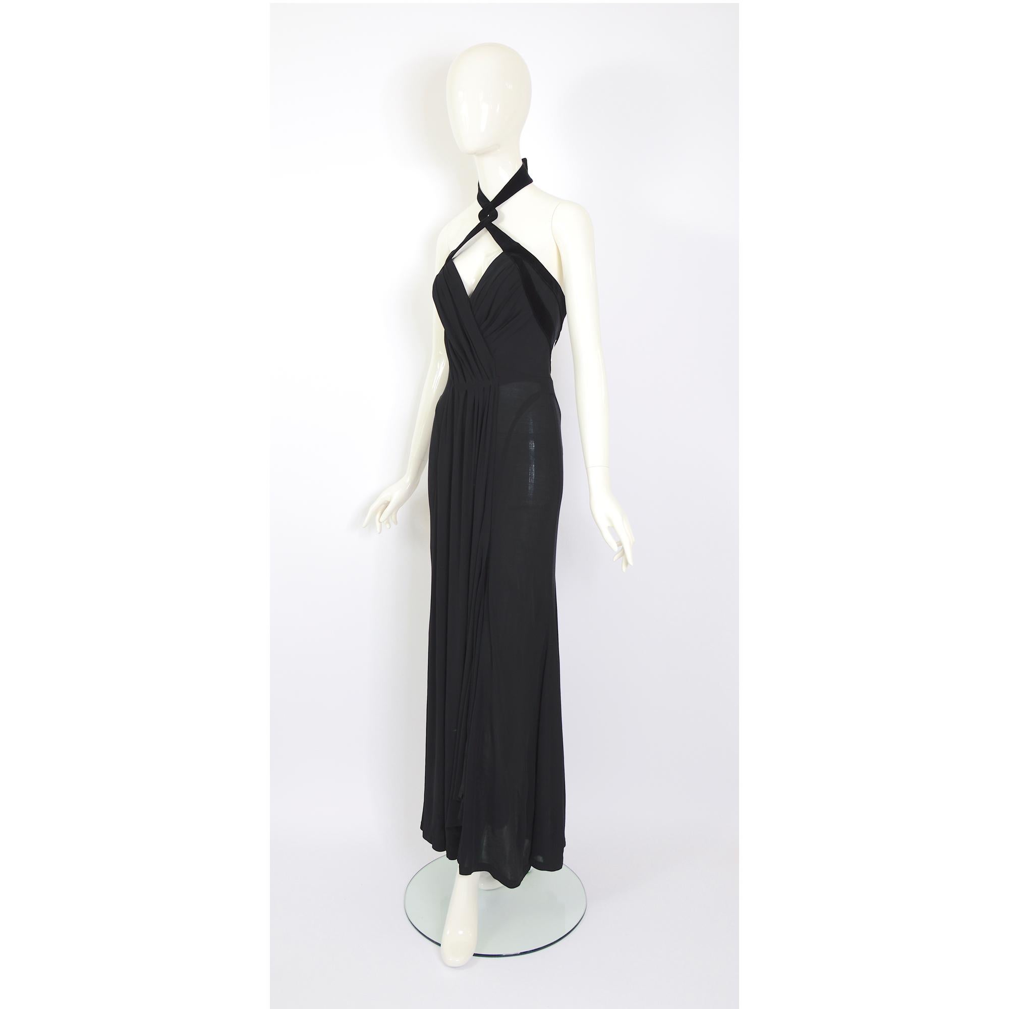 Thierry Mugler vintage F/W 1998 draped black with velvet trimmed halter dress 2