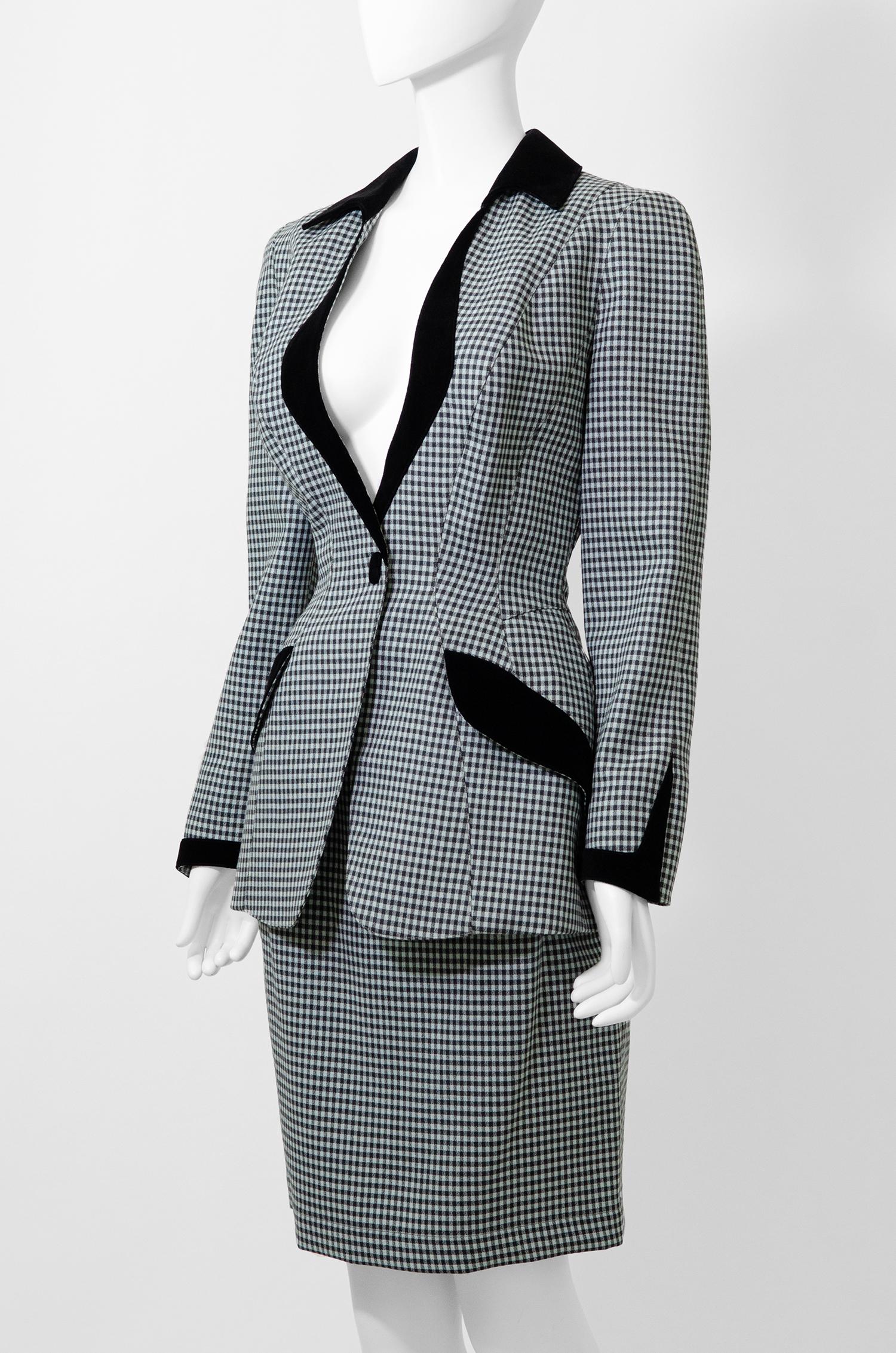THIERRY MUGLER Vintage 1990er Gingham Sanduhrrock Anzug im Zustand „Hervorragend“ im Angebot in Berlin, BE