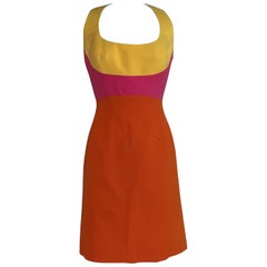 Thierry Mugler Vintage 1990s Pink Yellow Orange Color Block Harness Back Dress 