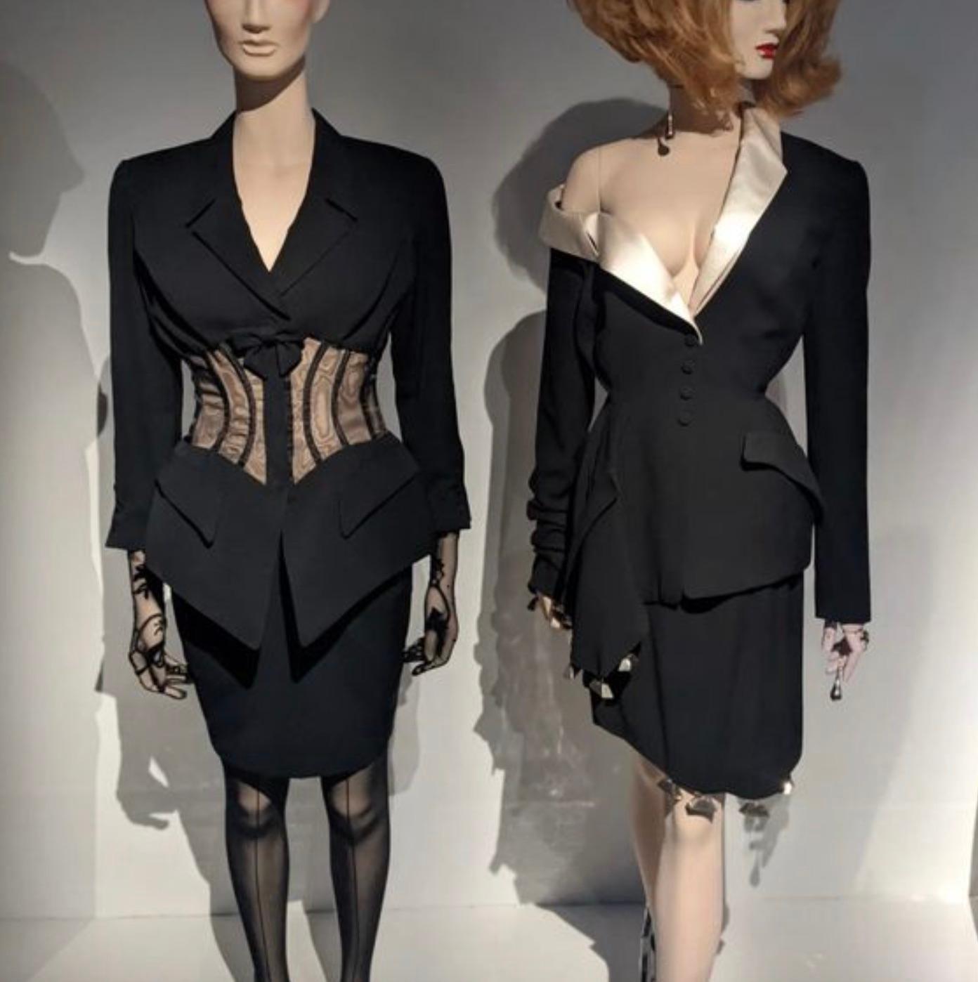 Women's Thierry Mugler Vintage 1995 Black Mesh Corset Waist Bow Blazer Jacket