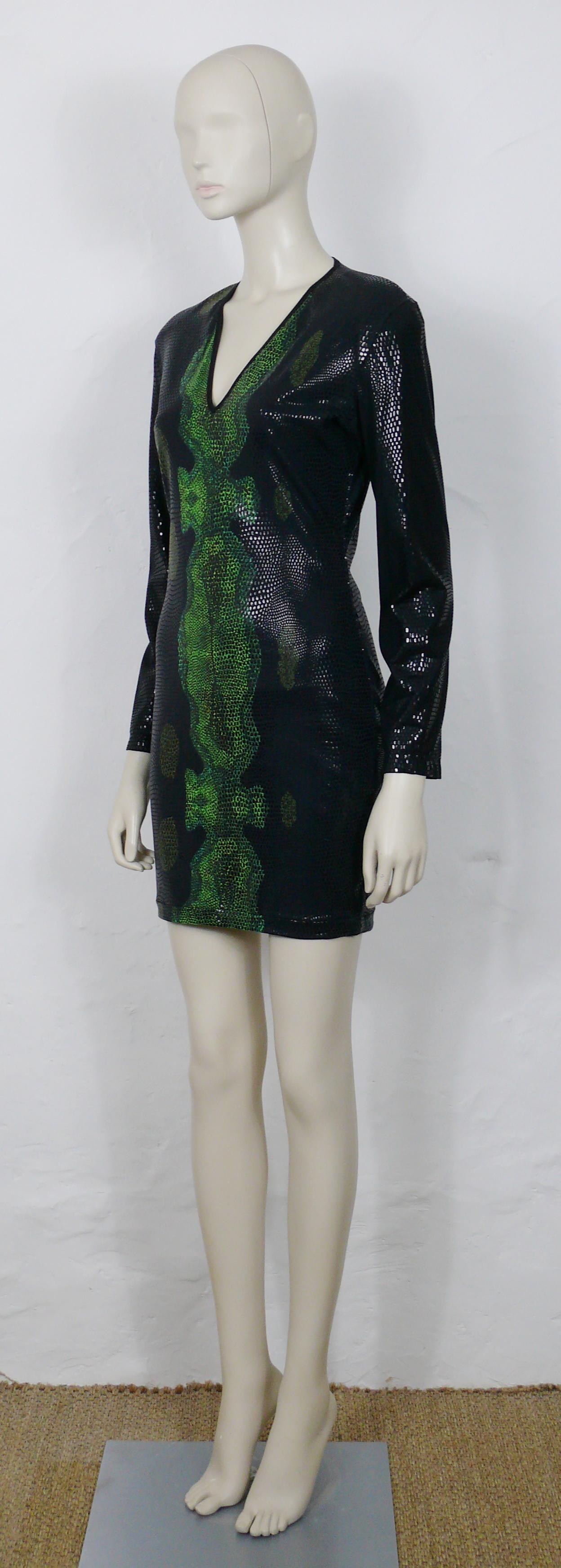 Thierry Mugler Vintage 1998 Black and Green  Reptile Skin Like Dress Size L 2