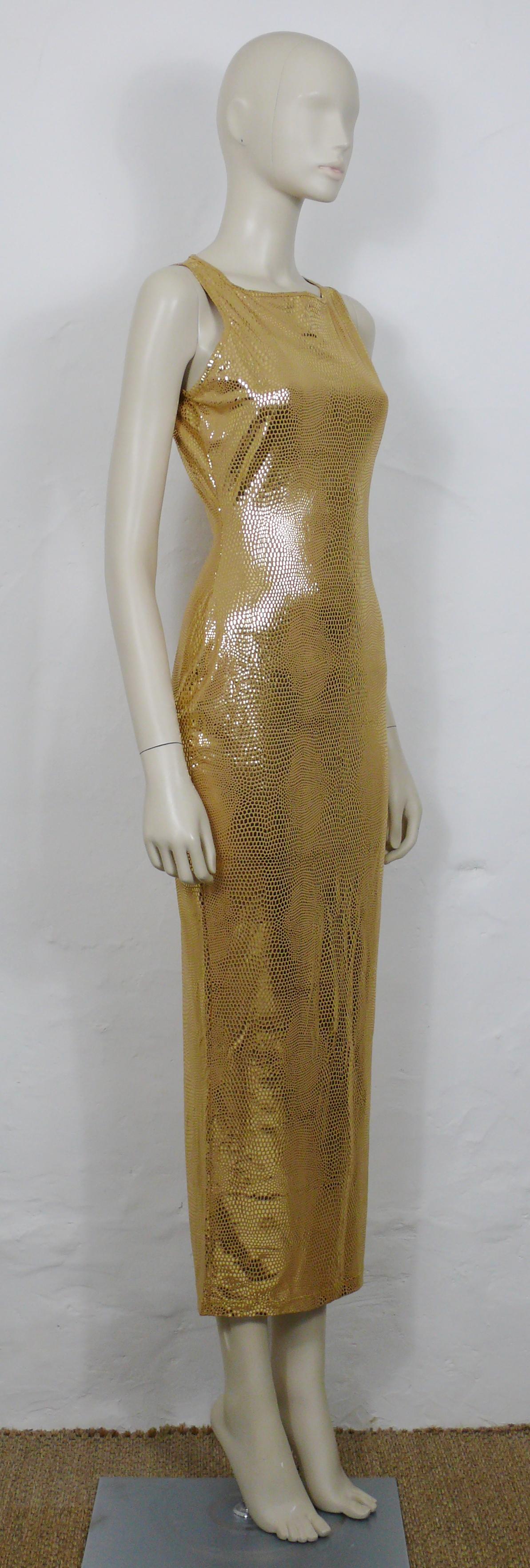 THIERRY MUGLER vintage gold reptile skin like body-conscious sleeveless dress from the 1998 Autumn/Winter Collection.

This dress features :
- Stretchy fabric printed in spectacular glittering gold reptile skin pattern. 
- Square neckline.
- Back