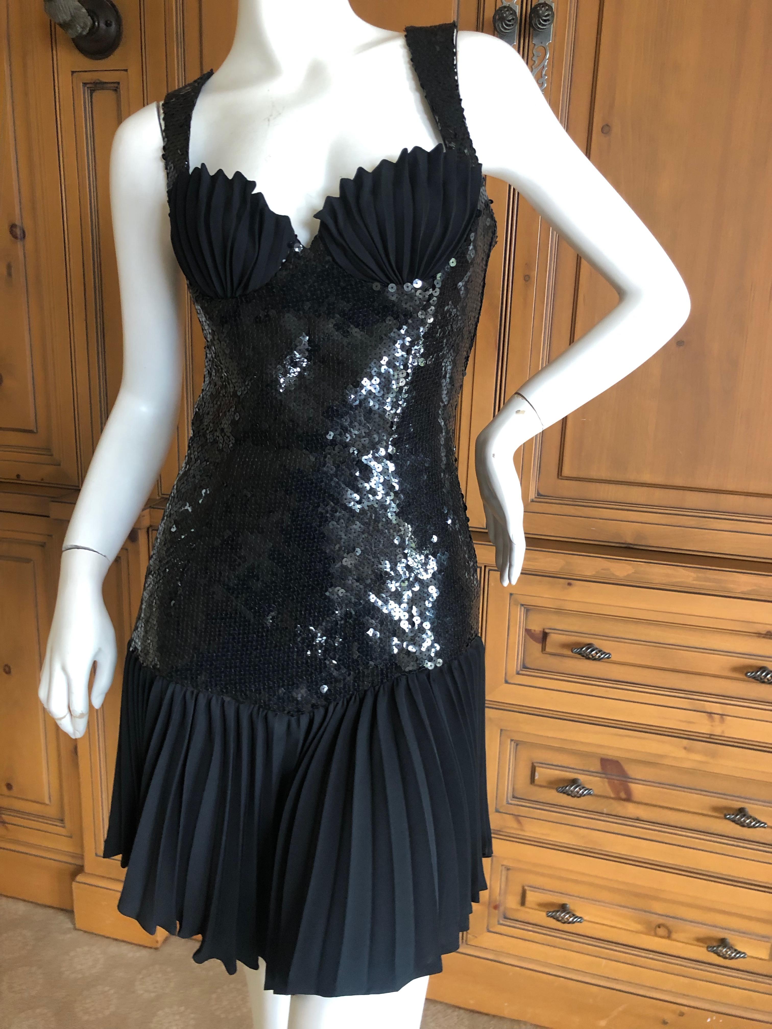 Thierry Mugler Vintage 80's Sequin Little Black Mini Dress w Pleated Shell Bust In Excellent Condition In Cloverdale, CA