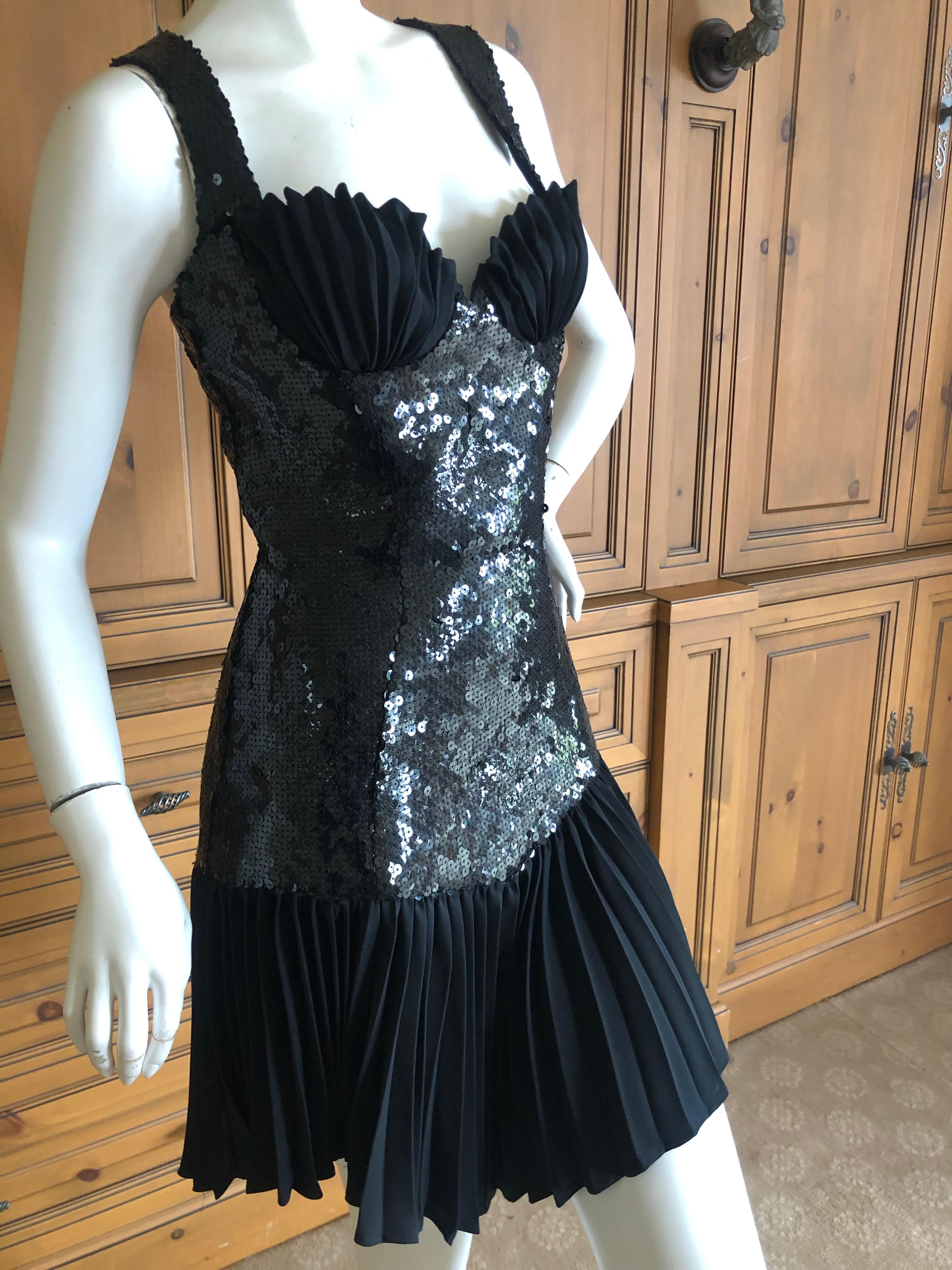 Women's Thierry Mugler Vintage 80's Sequin Little Black Mini Dress w Pleated Shell Bust