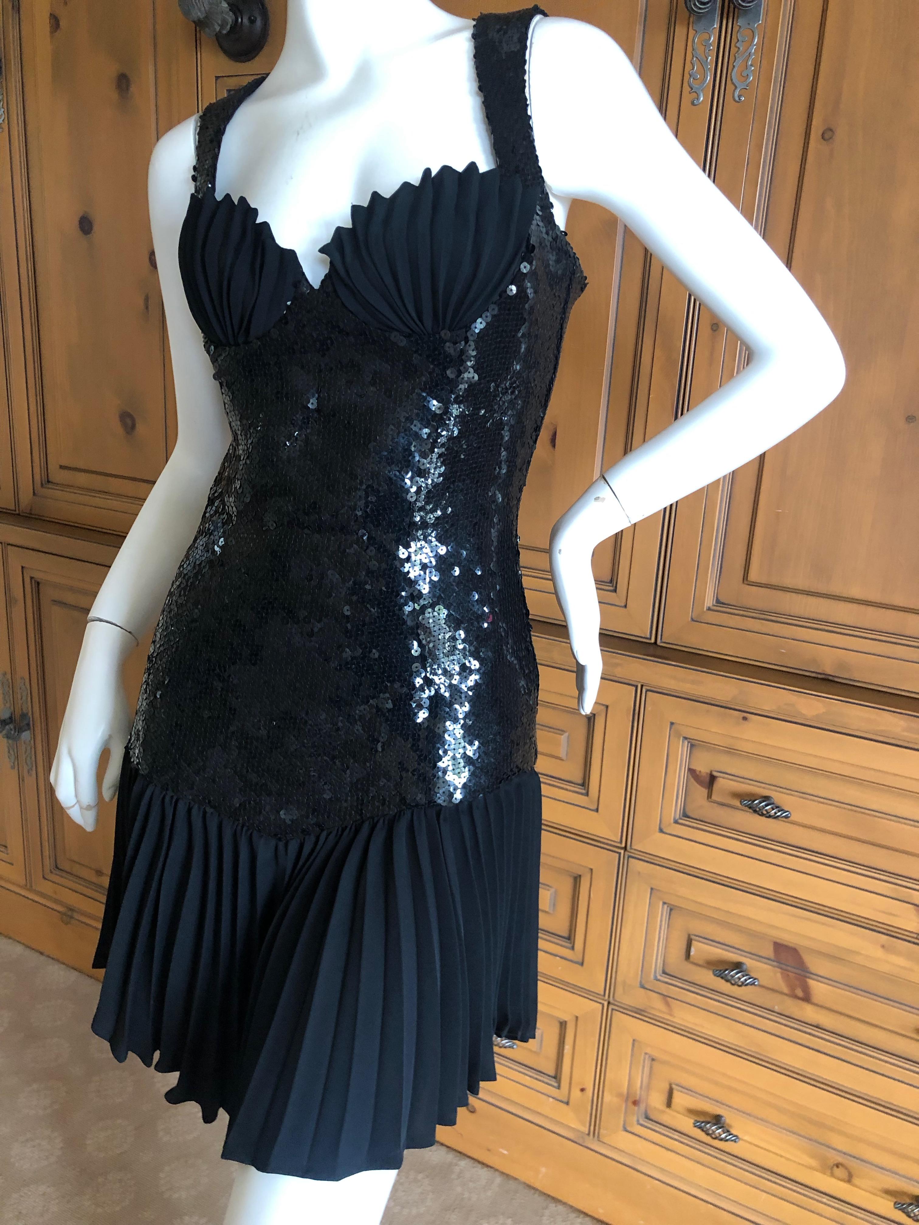 Thierry Mugler Vintage 80's Sequin Little Black Mini Dress w Pleated Shell Bust 2