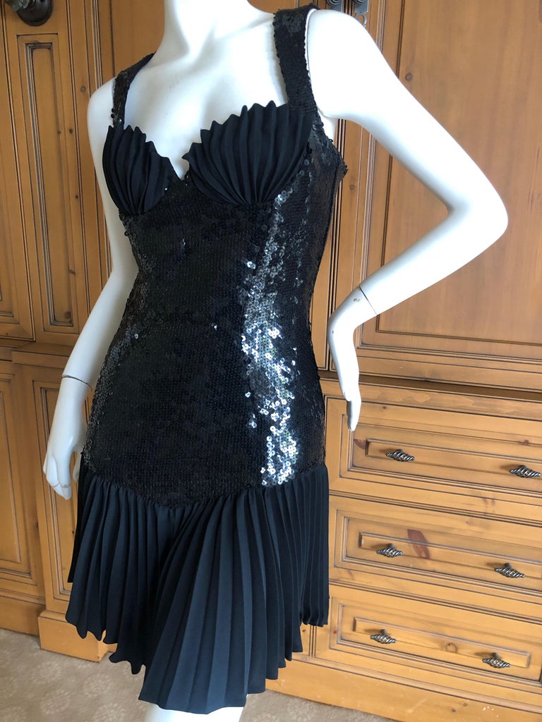 Thierry Mugler Vintage 80's Sequin Little Black Mini Dress w Pleated ...