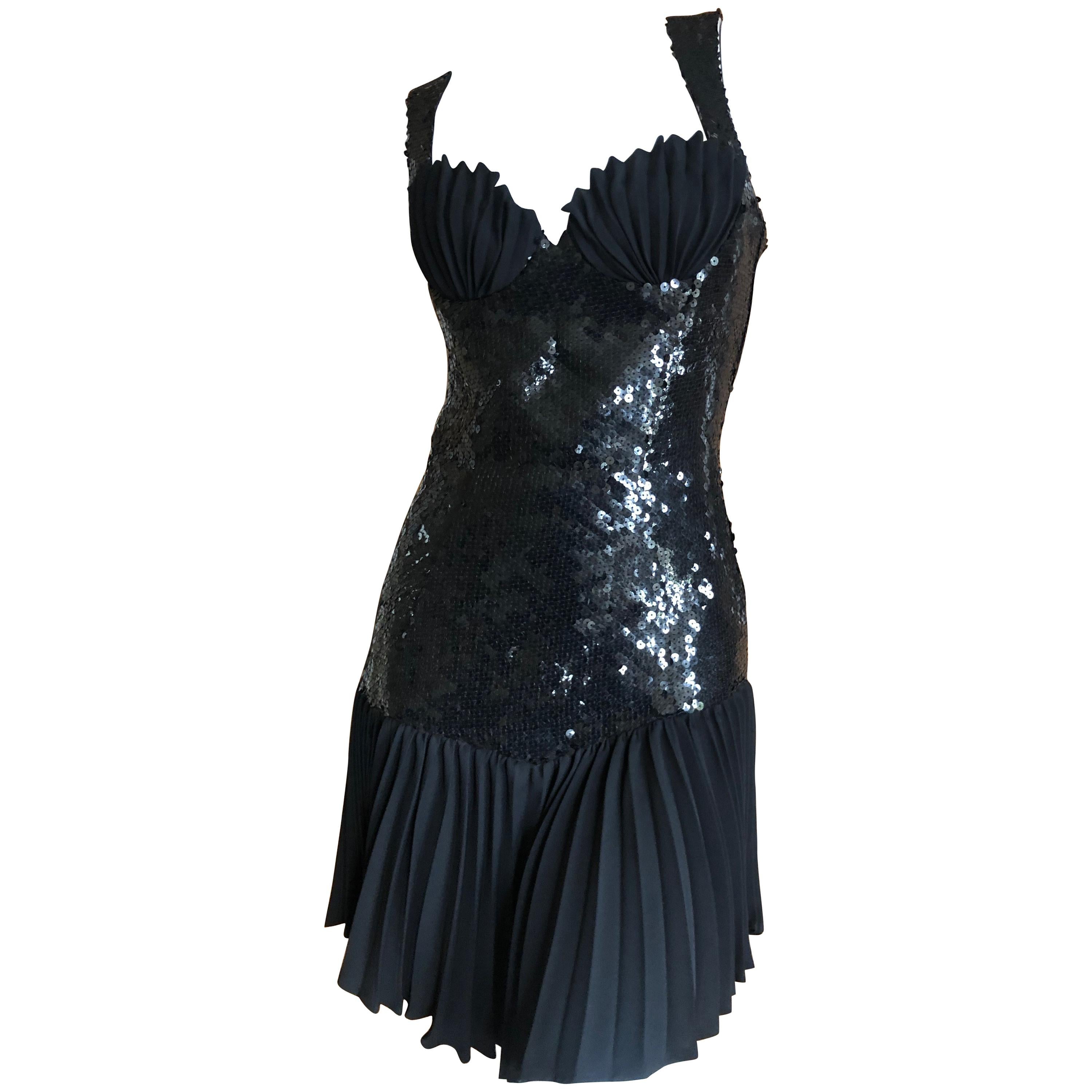 Thierry Mugler Vintage 80's Sequin Little Black Mini Dress w Pleated Shell Bust