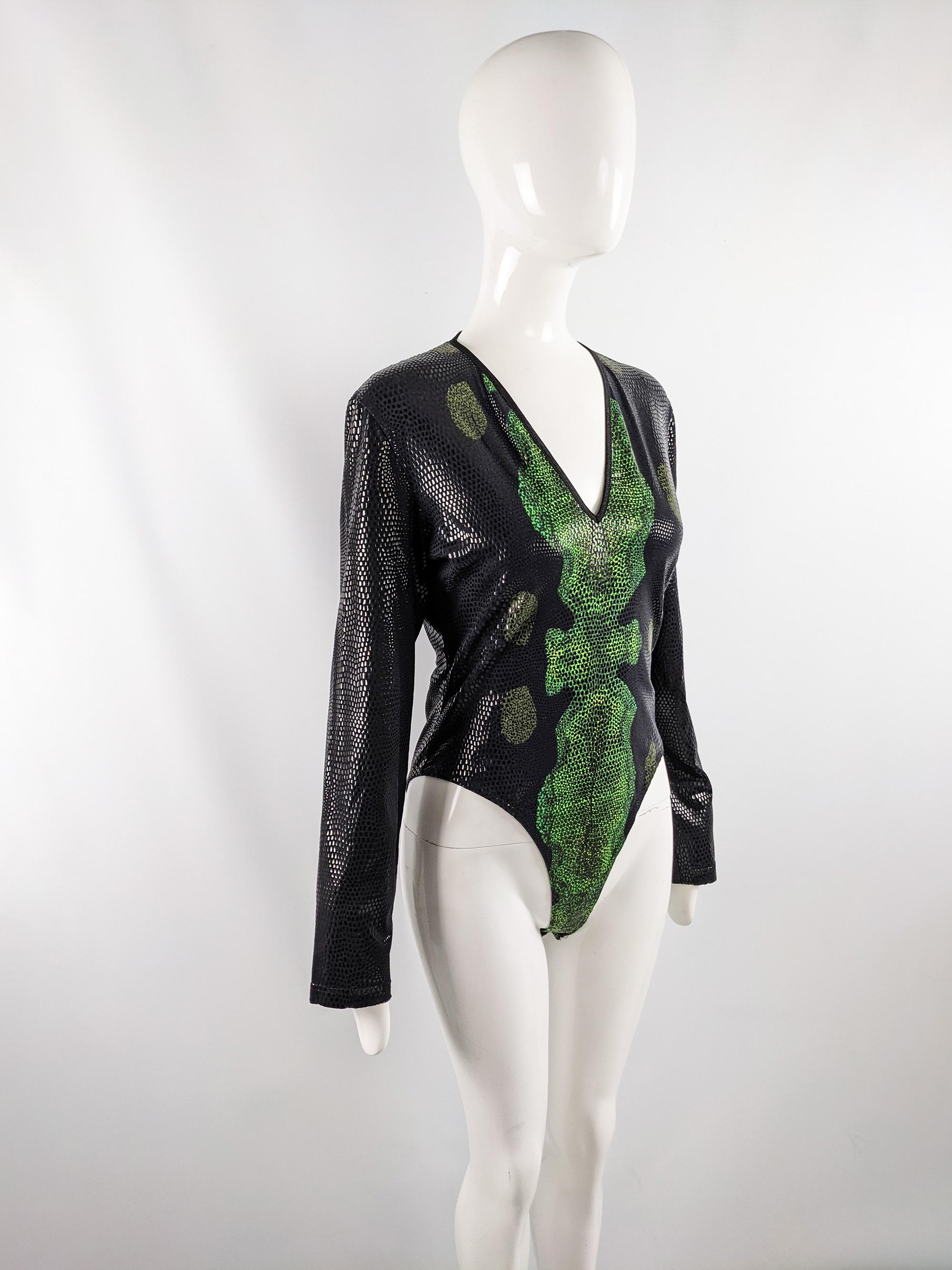 Thierry Mugler Vintage 90s Sexy Black & Green Snakeskin Print Bodysuit, 1990s In Excellent Condition In Doncaster, South Yorkshire