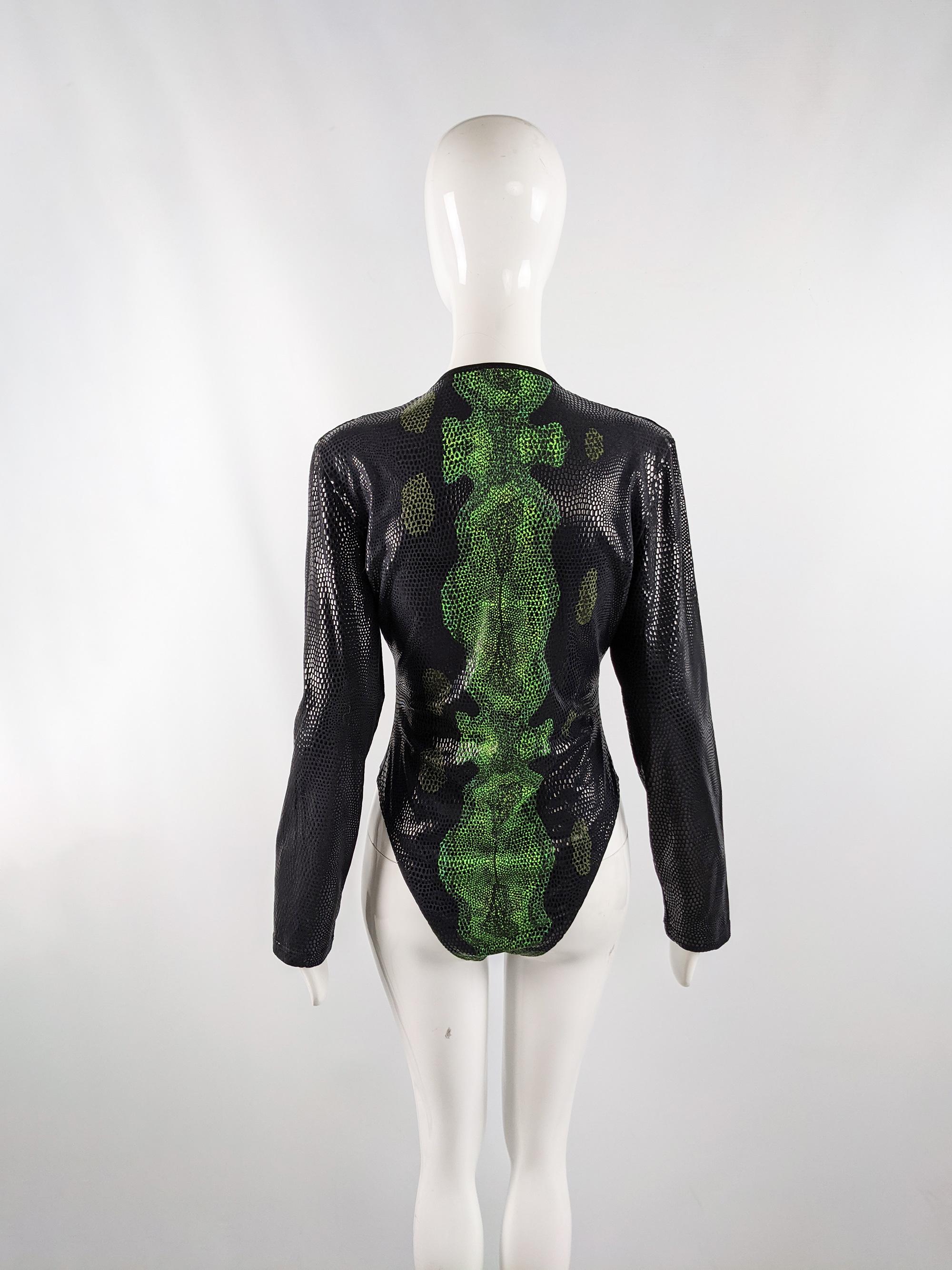 Women's Thierry Mugler Vintage 90s Sexy Black & Green Snakeskin Print Bodysuit, 1990s