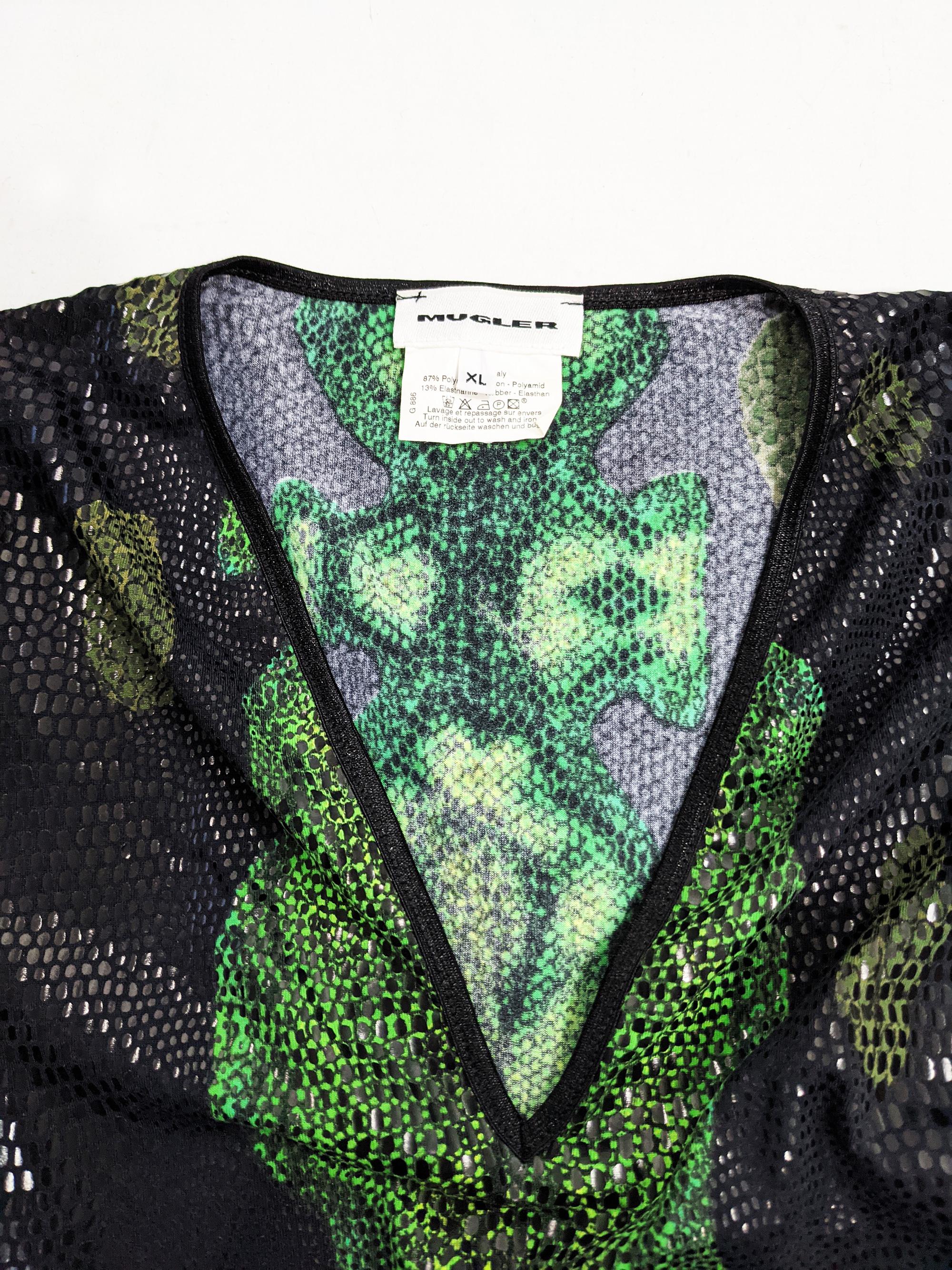 Thierry Mugler Vintage 90s Sexy Black & Green Snakeskin Print Bodysuit, 1990s 1