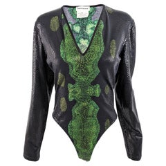 Thierry Mugler Retro 90s Sexy Black & Green Snakeskin Print Bodysuit, 1990s