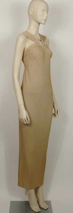 Thierry Mugler Vintage Beige Viscose Ribbed Knit Metal Ring Goddess Dress