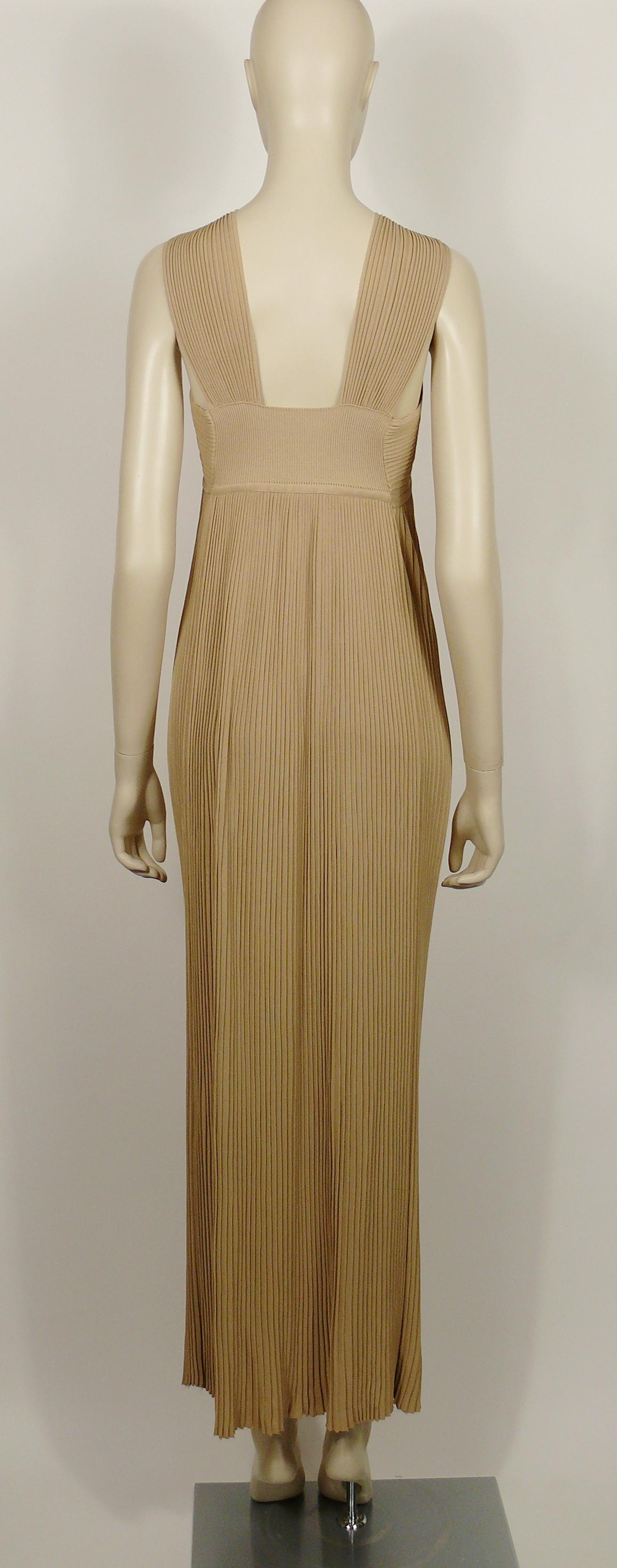 Thierry Mugler Vintage Beige Viscose Ribbed Knit Metal Ring Goddess Dress In Good Condition In Nice, FR