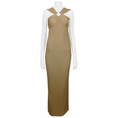 Thierry Mugler Vintage Beige Viscose Ribbed Knit Metal Ring Goddess Dress