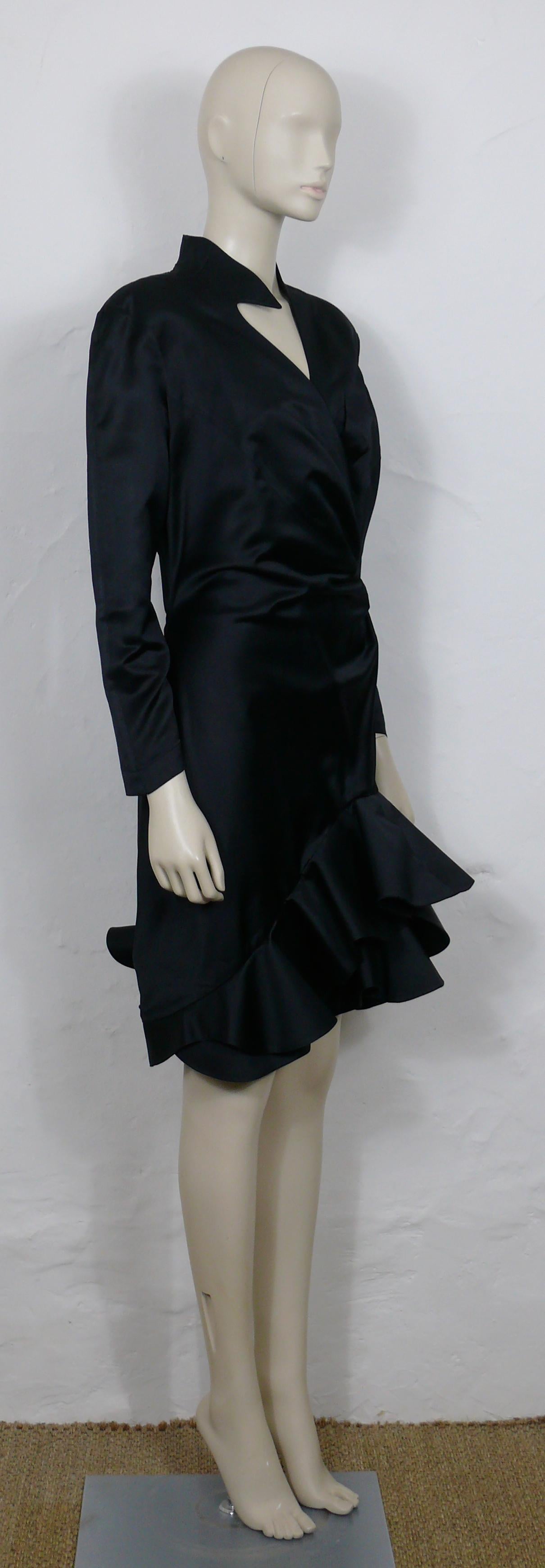 THIERRY MUGLER vintage black asymetric bias cut ruffled cocktail dress featuring MANFRED THIERRY MUGLER's typical sculptural cut, sensuality and aesthetic.

This dress features :
- Abstract asymetric collar.
- Bias cut at the hem featuring