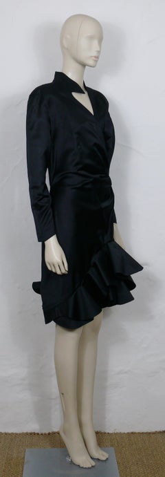 Thierry Mugler Vintage Black Asymetric Bias Cut Ruffled Cocktail Dress