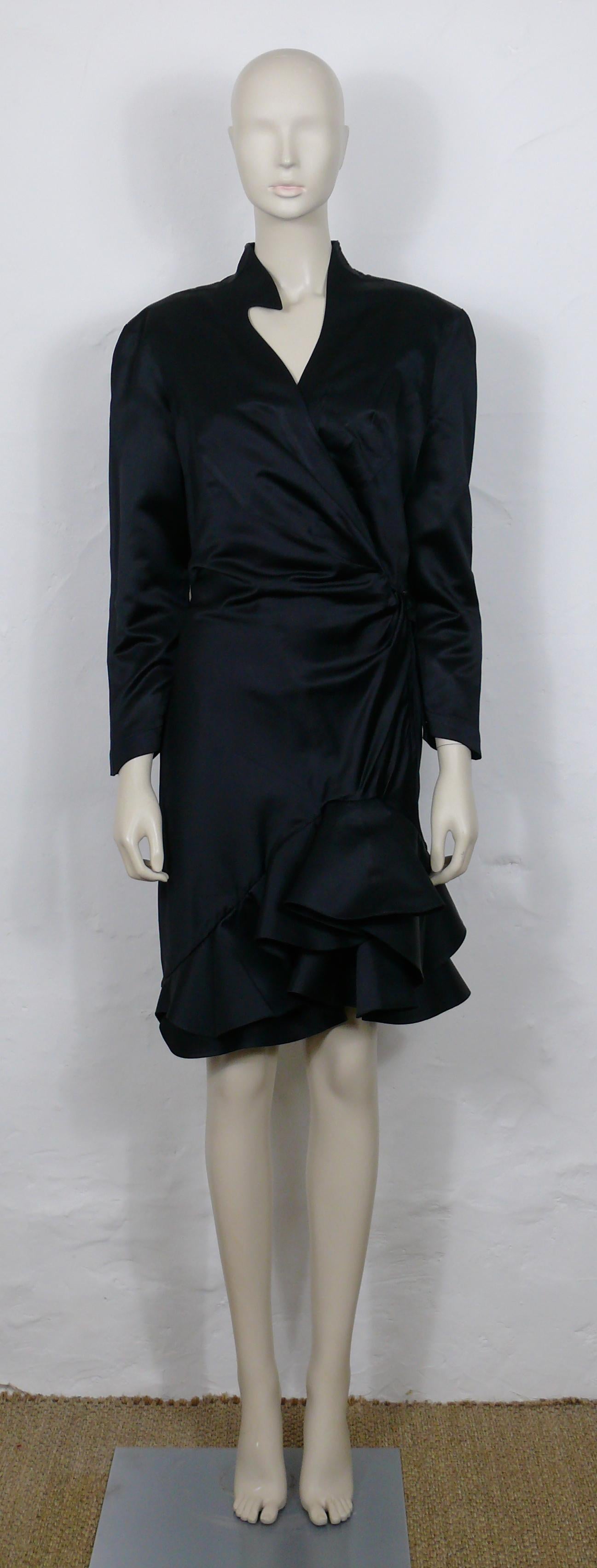 Thierry Mugler Vintage Black Asymetric Bias Cut Ruffled Cocktail Dress In Fair Condition For Sale In Nice, FR