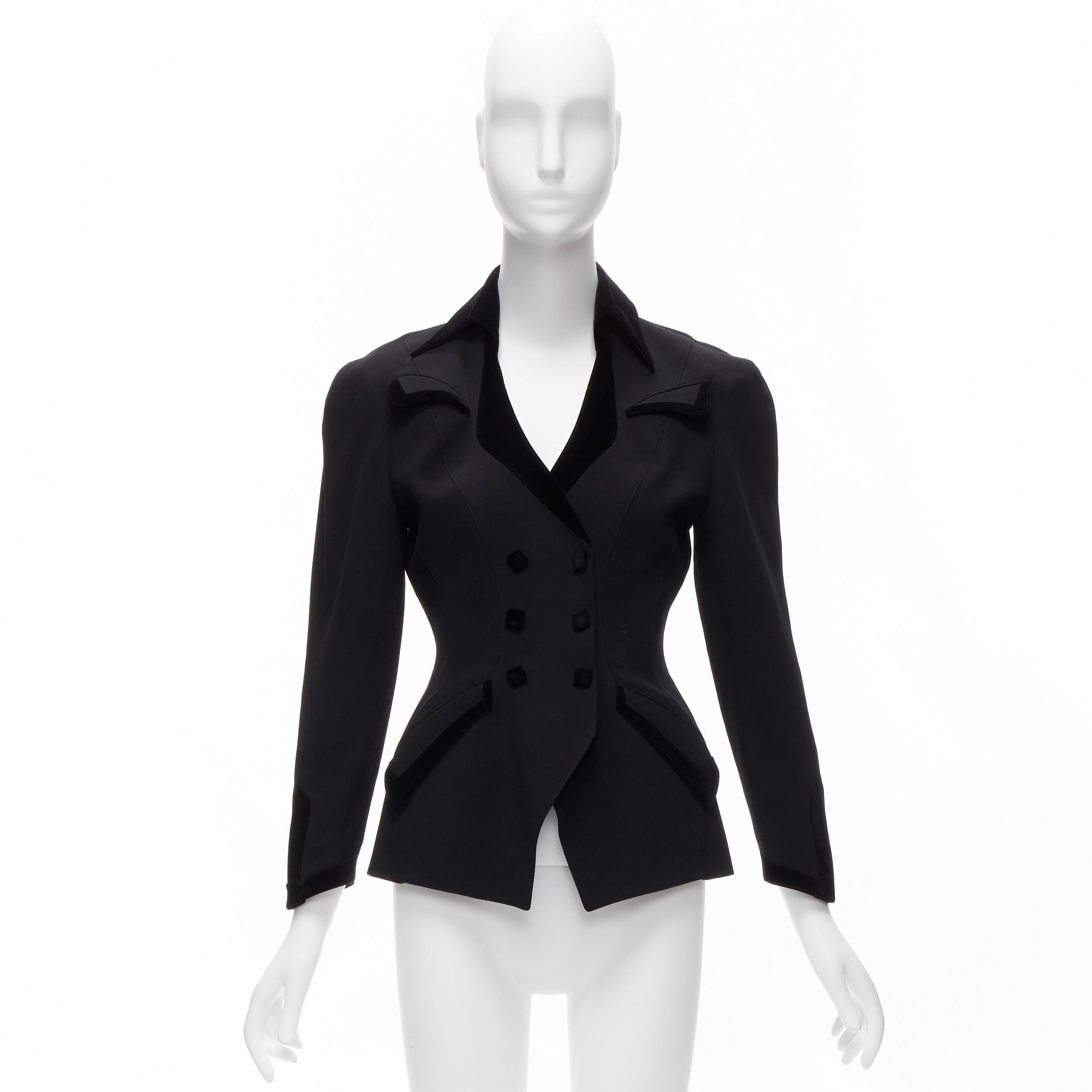 THIERRY MUGLER Vintage black curved lapel velvet shadow peplum blazer IT7AR S For Sale 5