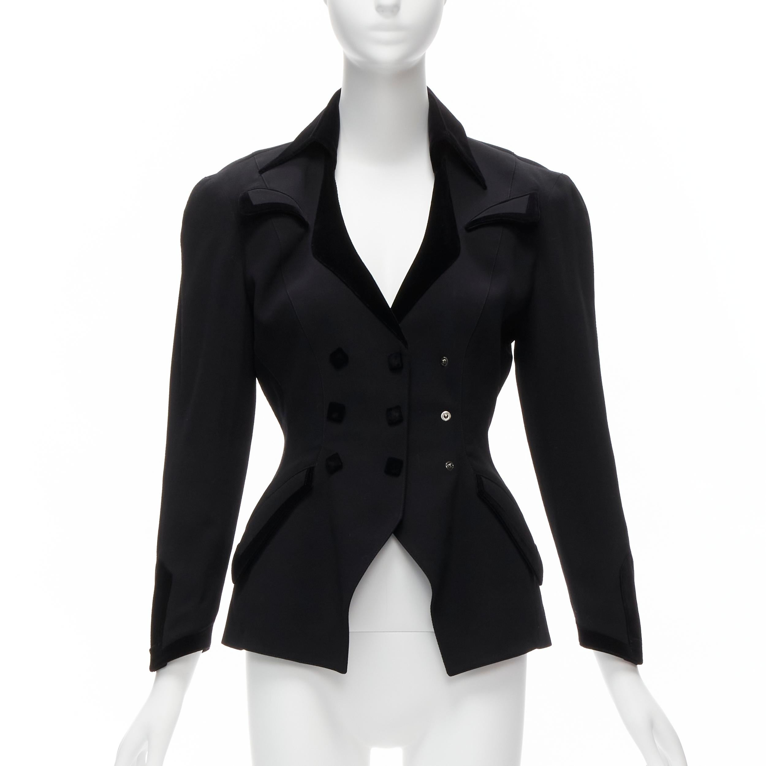 Black THIERRY MUGLER Vintage black curved lapel velvet shadow peplum blazer IT7AR S For Sale