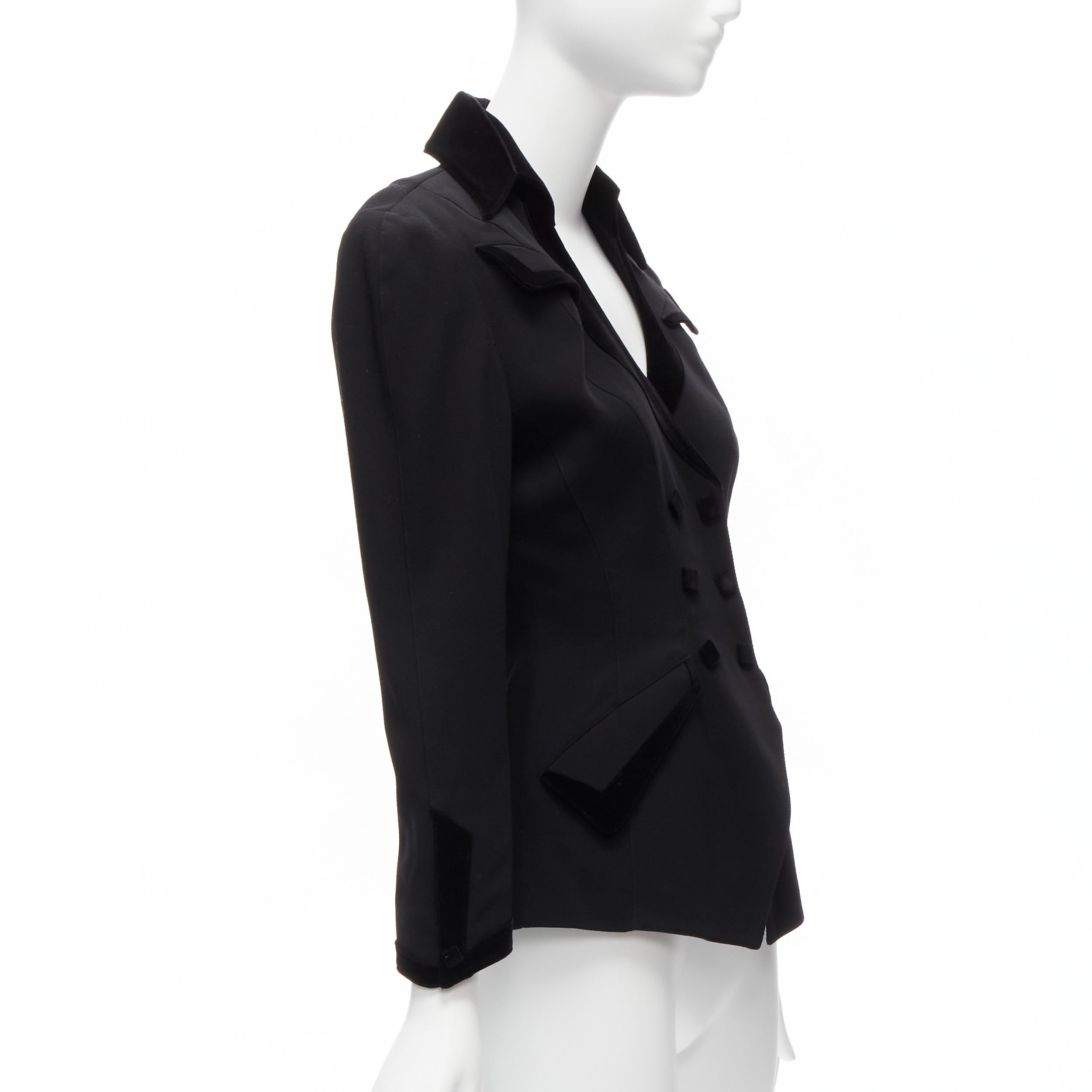 THIERRY MUGLER Vintage black curved lapel velvet shadow peplum blazer IT7AR S In Good Condition For Sale In Hong Kong, NT