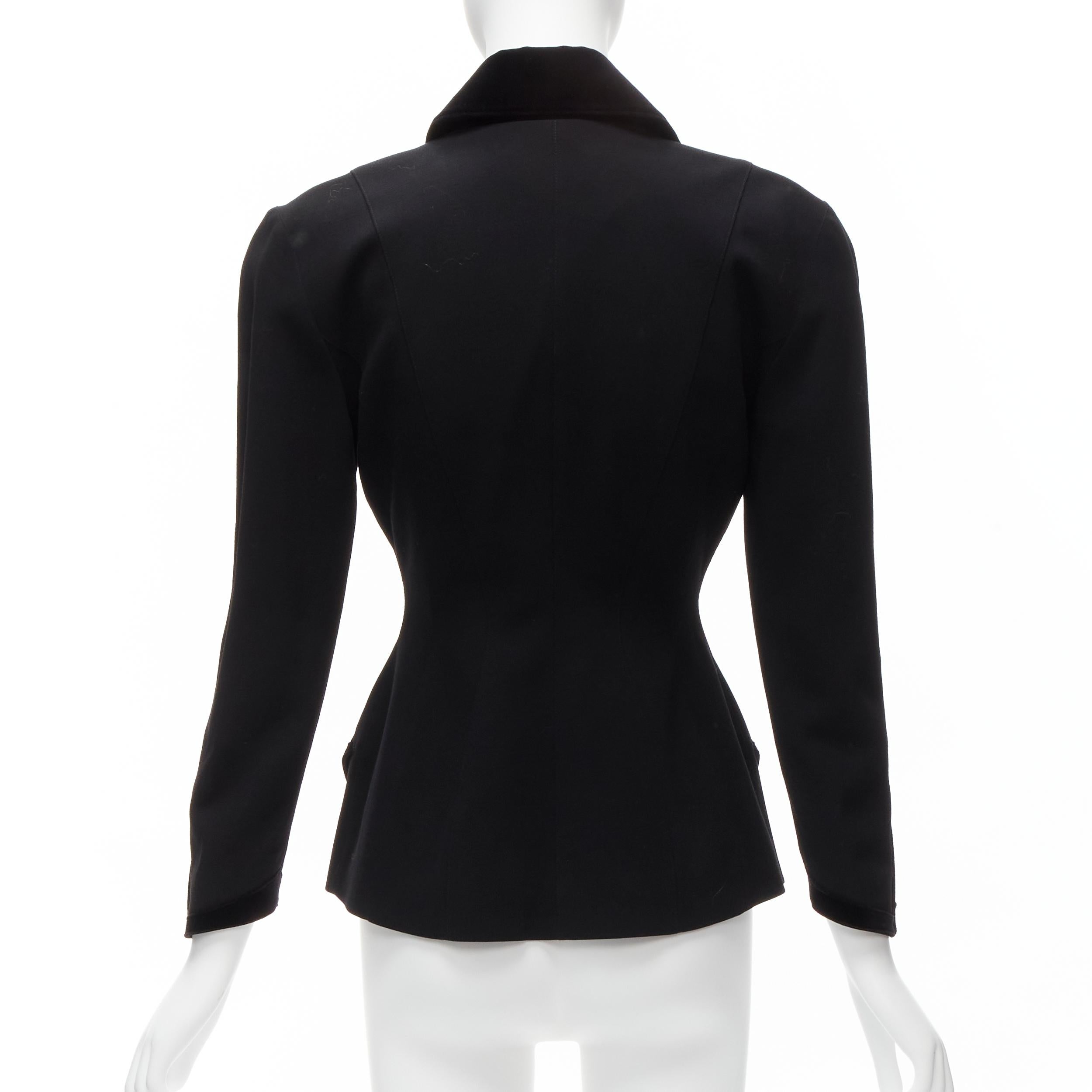THIERRY MUGLER Vintage black curved lapel velvet shadow peplum blazer IT7AR S For Sale 1
