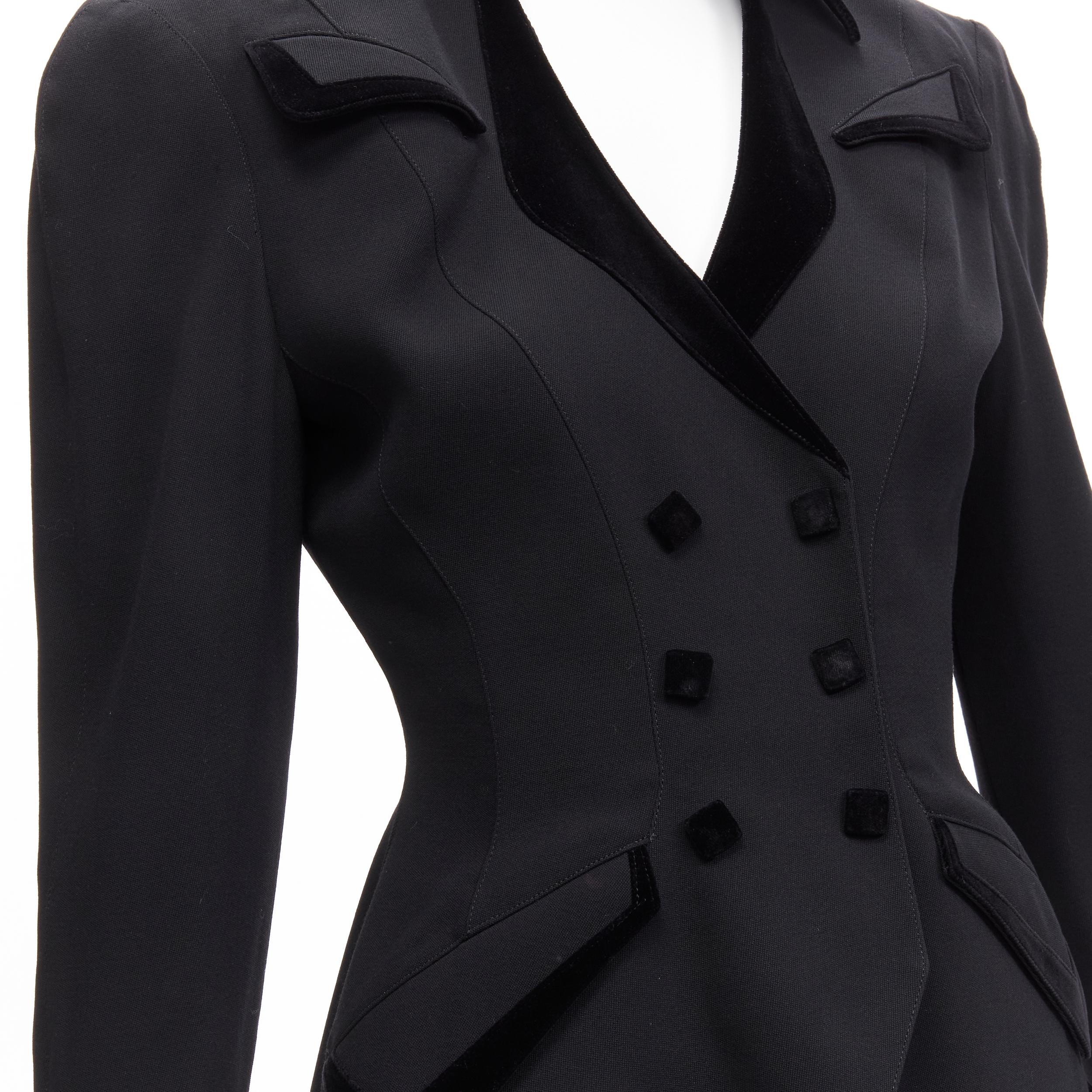 THIERRY MUGLER Vintage black curved lapel velvet shadow peplum blazer IT7AR S For Sale 3