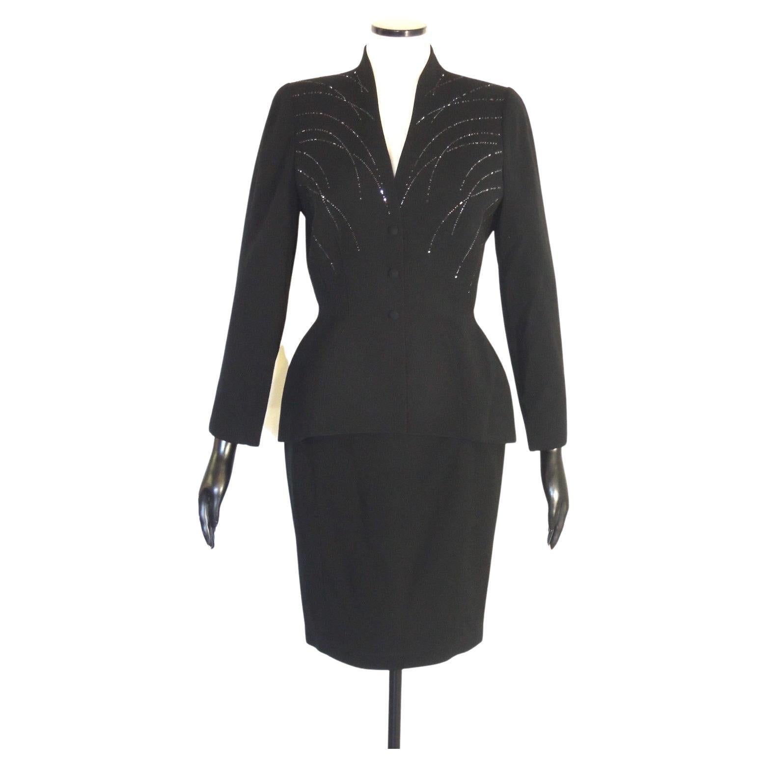 Thierry Mugler Vintage Black Embellished Skirt Suit
