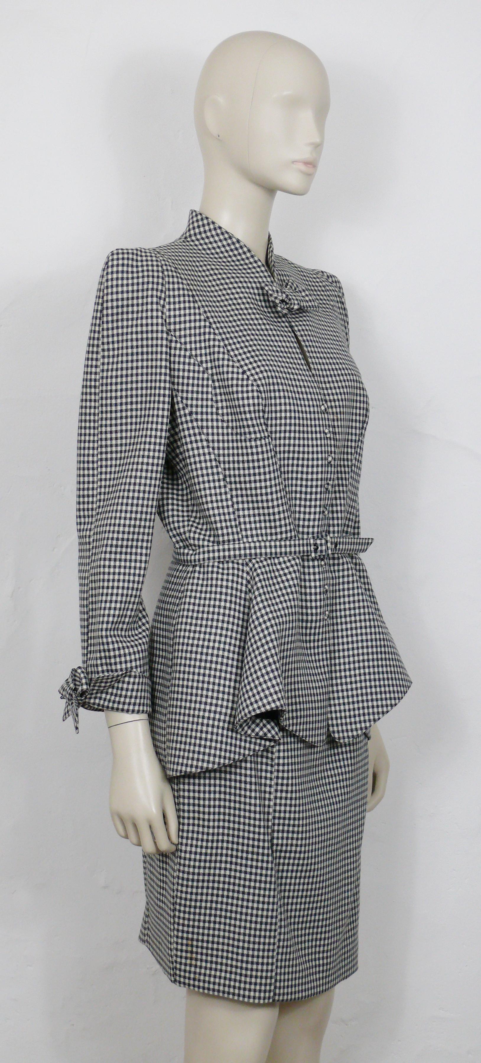 THIERRY MUGLER vintage black gingham print worsted wool skirt suit.

JACKET features :
- Typical MUGLER's cut and tailoring with basque.
- Structured shoulders.
- Bow details on bust and both cuffs.
- Snap down snap button closure at the front.
-