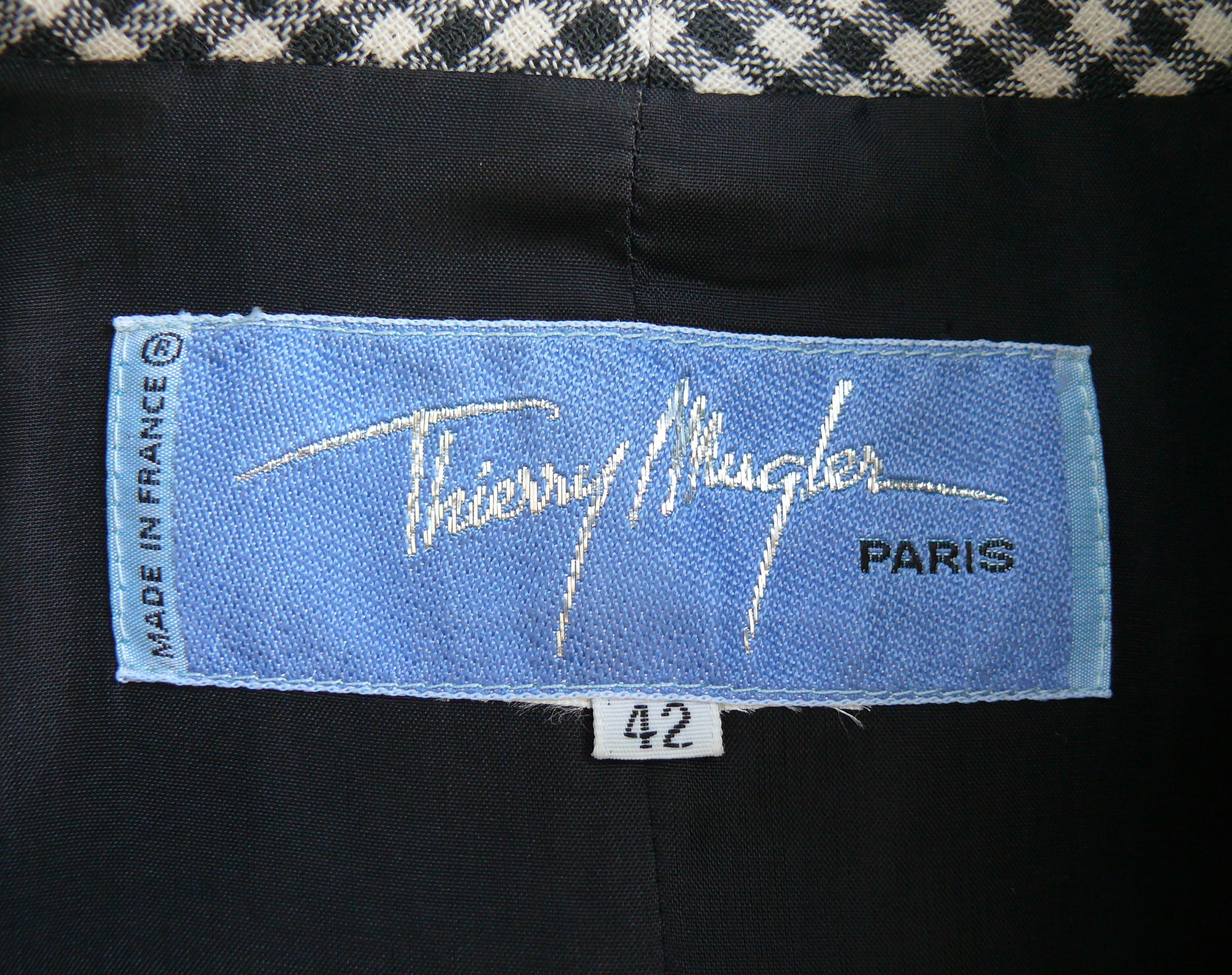 Thierry Mugler Vintage Black Gingham Print Worsted Wool Skirt Suit In Good Condition For Sale In Nice, FR