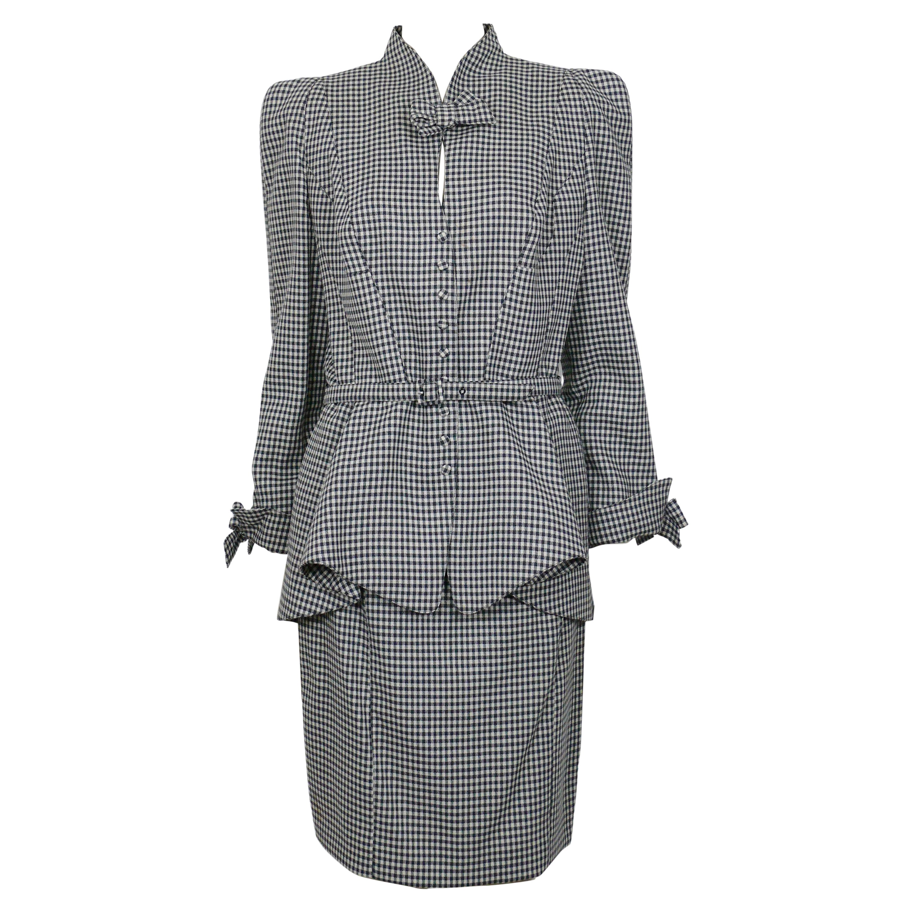 Thierry Mugler - Tailleur jupe vintage en laine à imprimé vichy noir