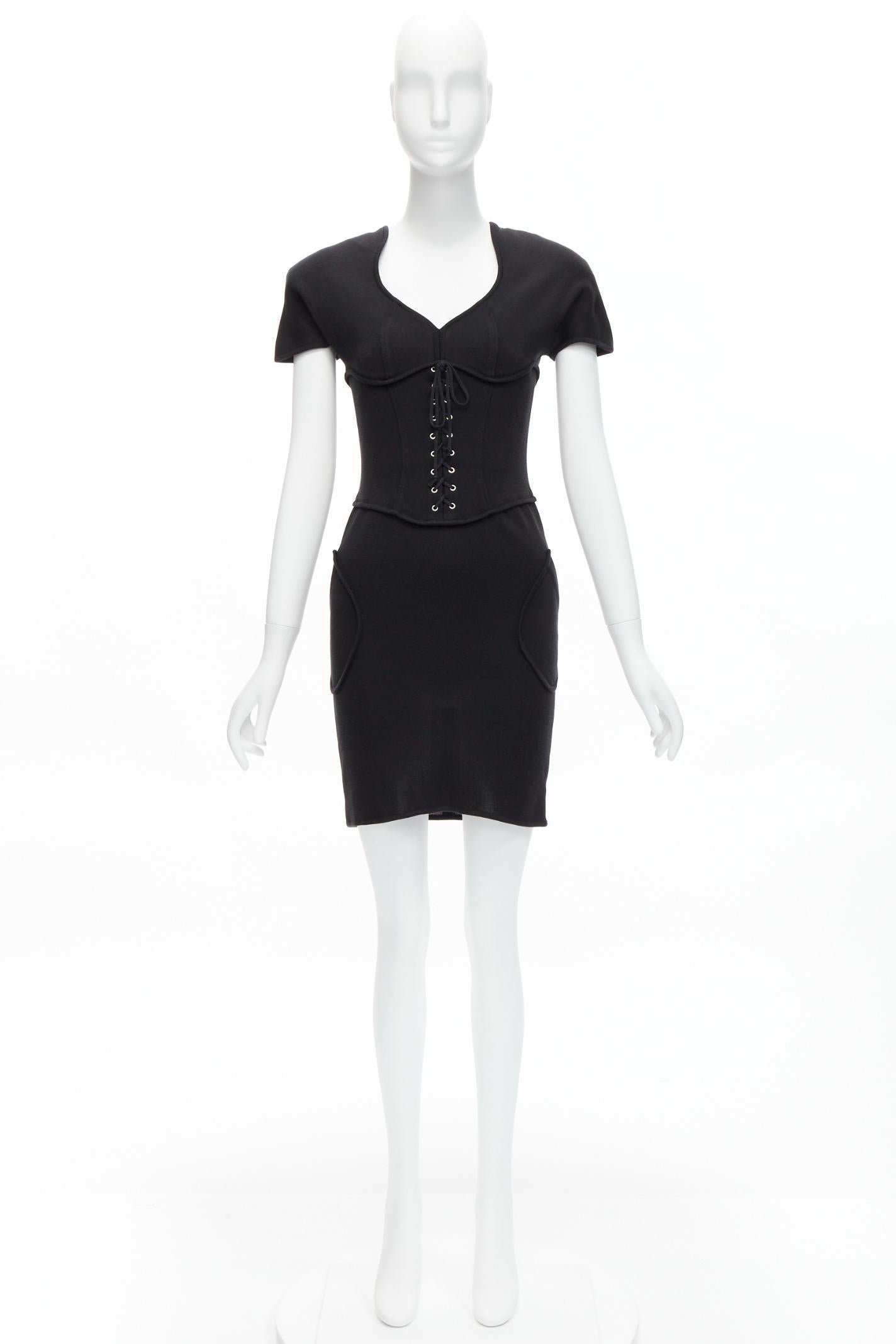 THIERRY MUGLER Vintage black jersey corset lace up waist bodycon dress M For Sale 5