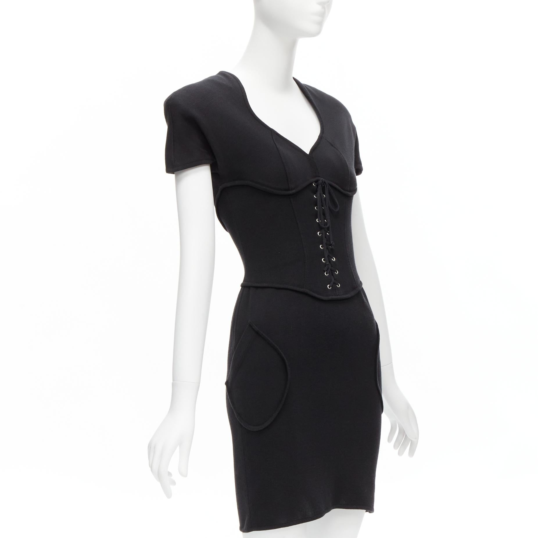 Black THIERRY MUGLER Vintage black jersey corset lace up waist bodycon dress M For Sale
