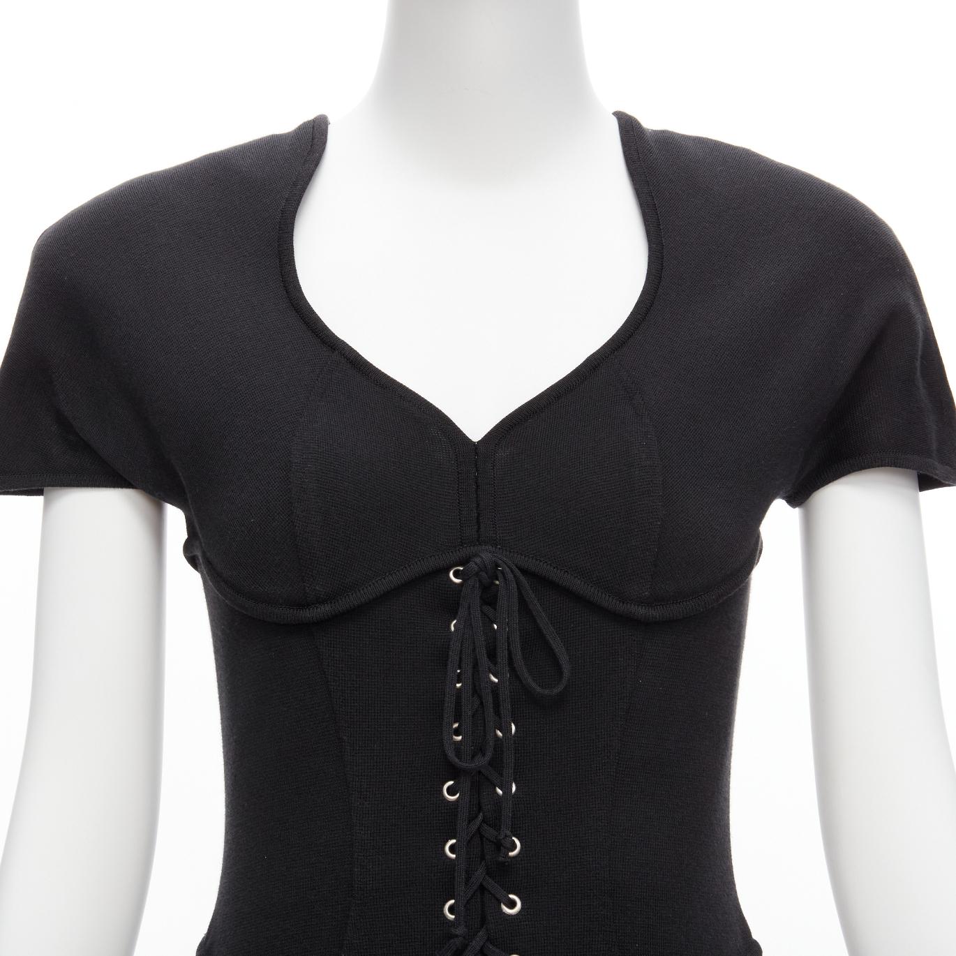 THIERRY MUGLER Vintage black jersey corset lace up waist bodycon dress M For Sale 2