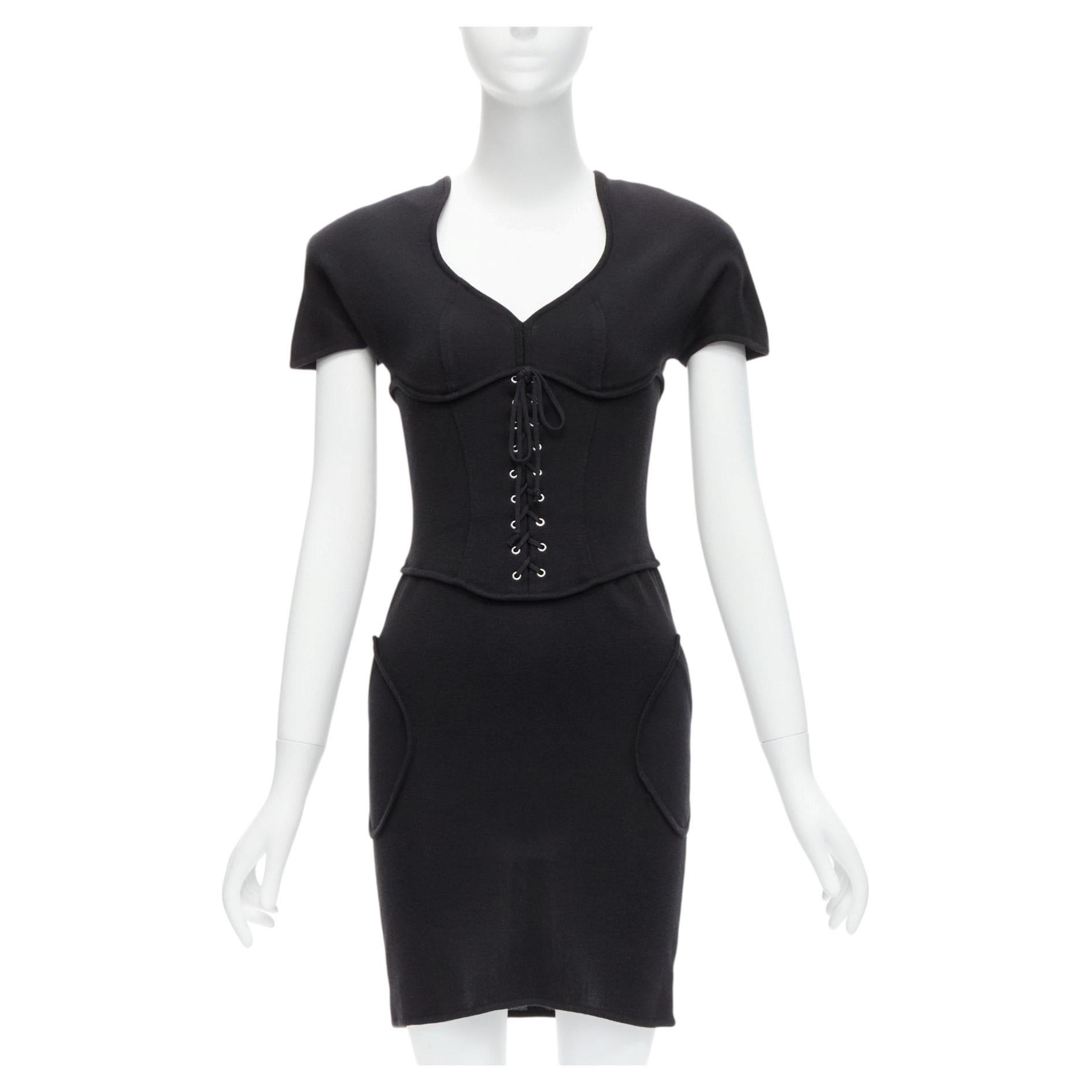 THIERRY MUGLER Vintage black jersey corset lace up waist bodycon dress M