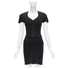 THIERRY MUGLER Vintage black jersey corset lace up waist bodycon dress M