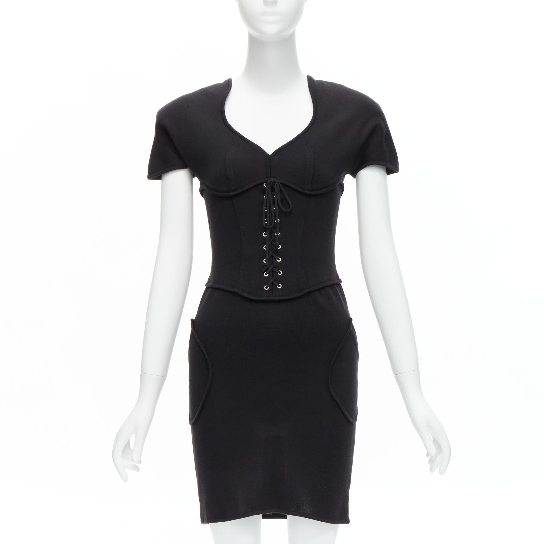 THIERRY MUGLER Vintage black jersey corset lace up waist bodycon dress M For Sale