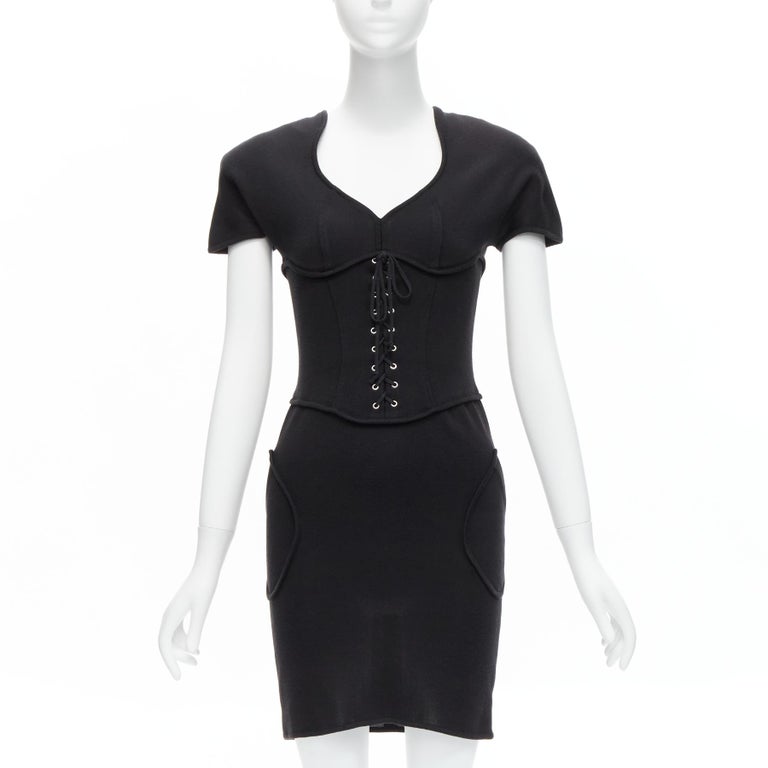 THIERRY MUGLER Vintage black jersey corset lace up waist bodycon
