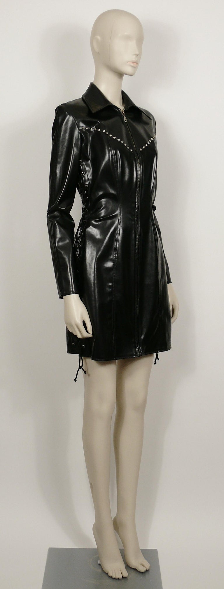 Thierry Mugler Vintage Black Rubber Stars Lace Up Dress For Sale