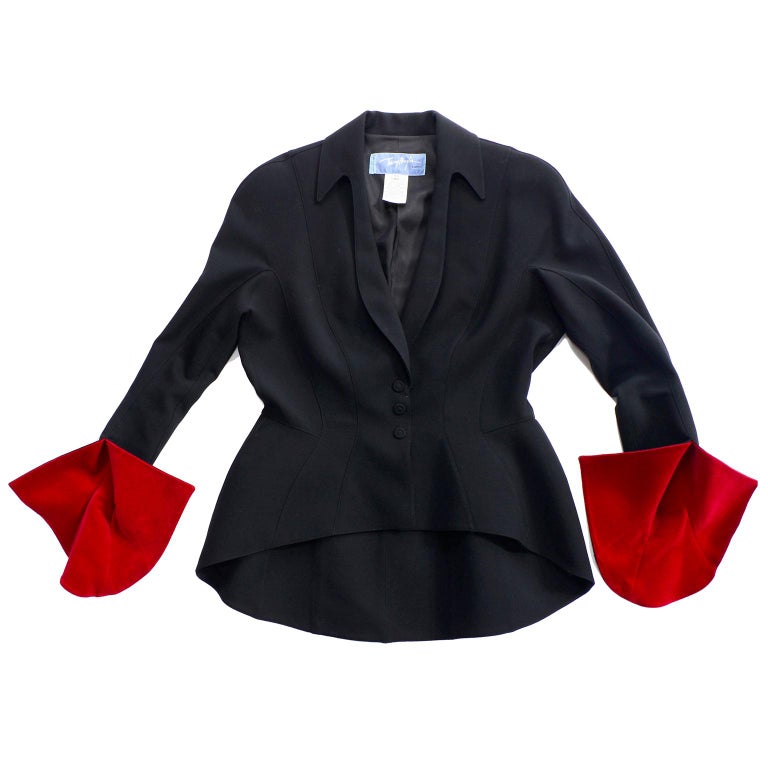 Thierry Mugler Vintage Black Skirt & Jacket Suit with Red Velvet Cuffs In Excellent Condition In Portland, OR