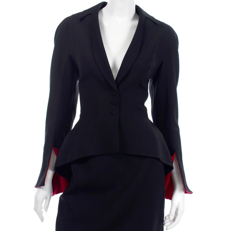 Thierry Mugler Vintage Black Skirt & Jacket Suit with Red Velvet Cuffs 2