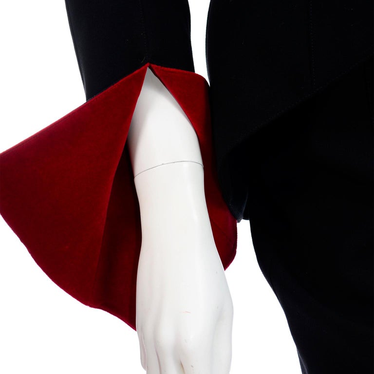 Thierry Mugler Vintage Black Skirt & Jacket Suit with Red Velvet Cuffs 4