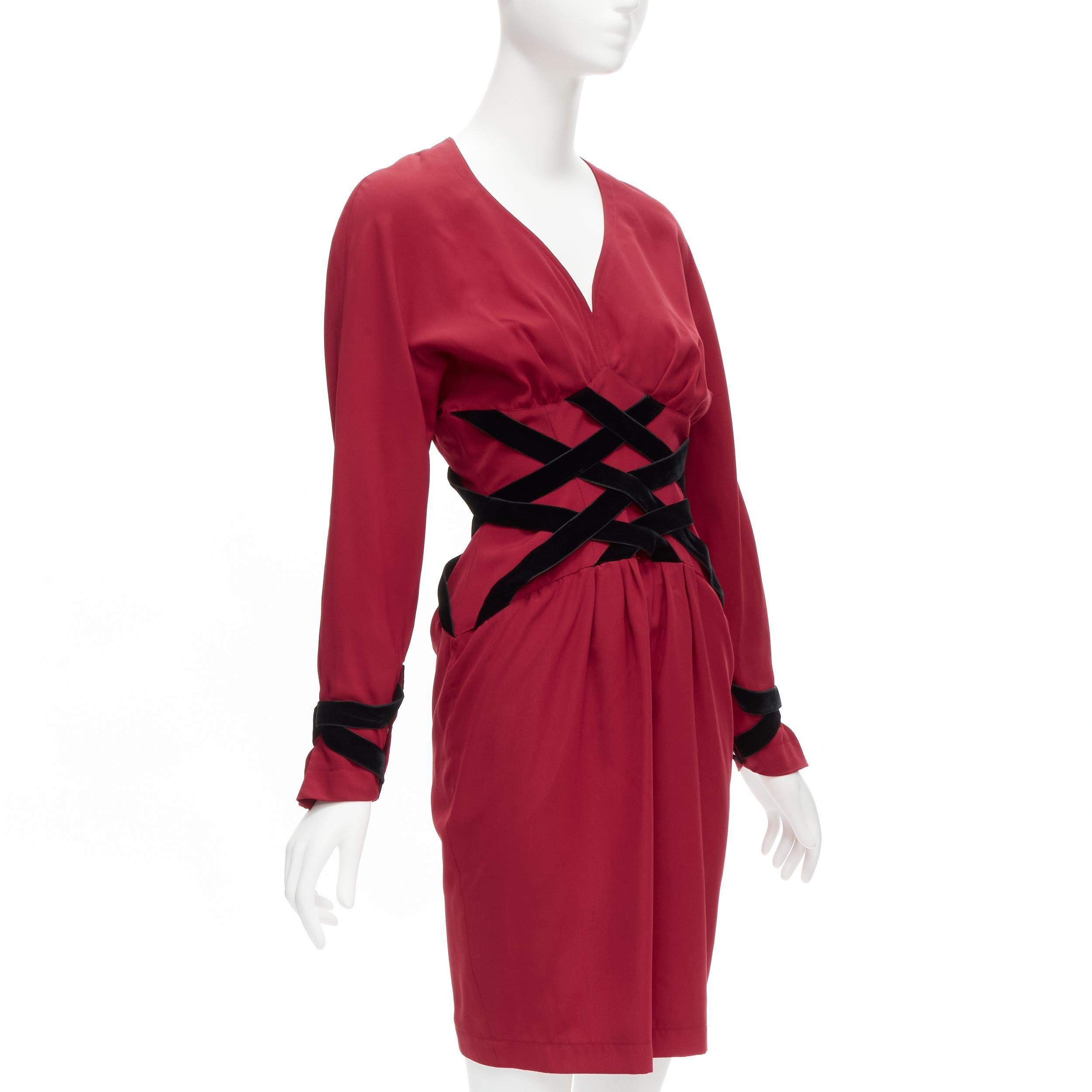 Red THIERRY MUGLER Vintage black velvet crisscross corset red cocktail dress IT7AR S For Sale