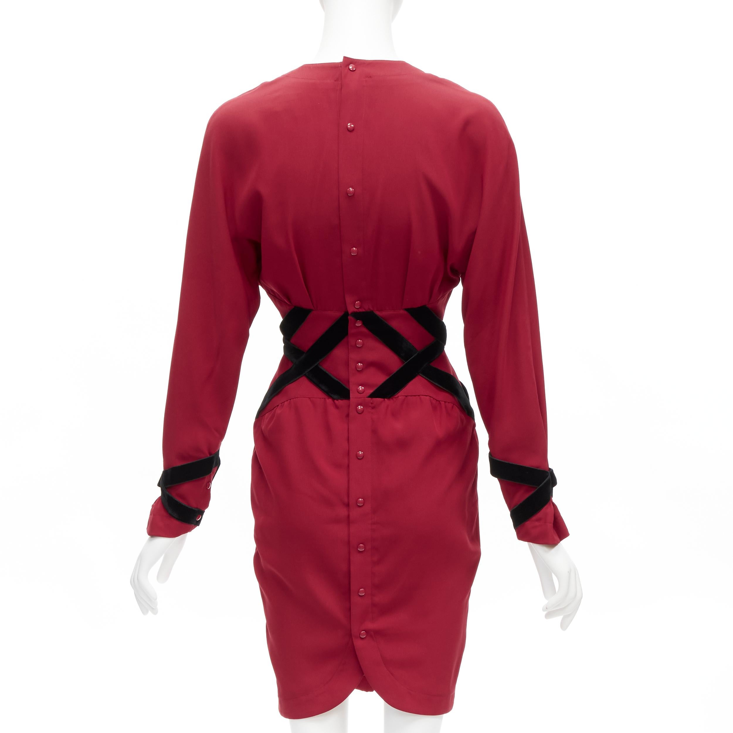 Women's THIERRY MUGLER Vintage black velvet crisscross corset red cocktail dress IT7AR S For Sale