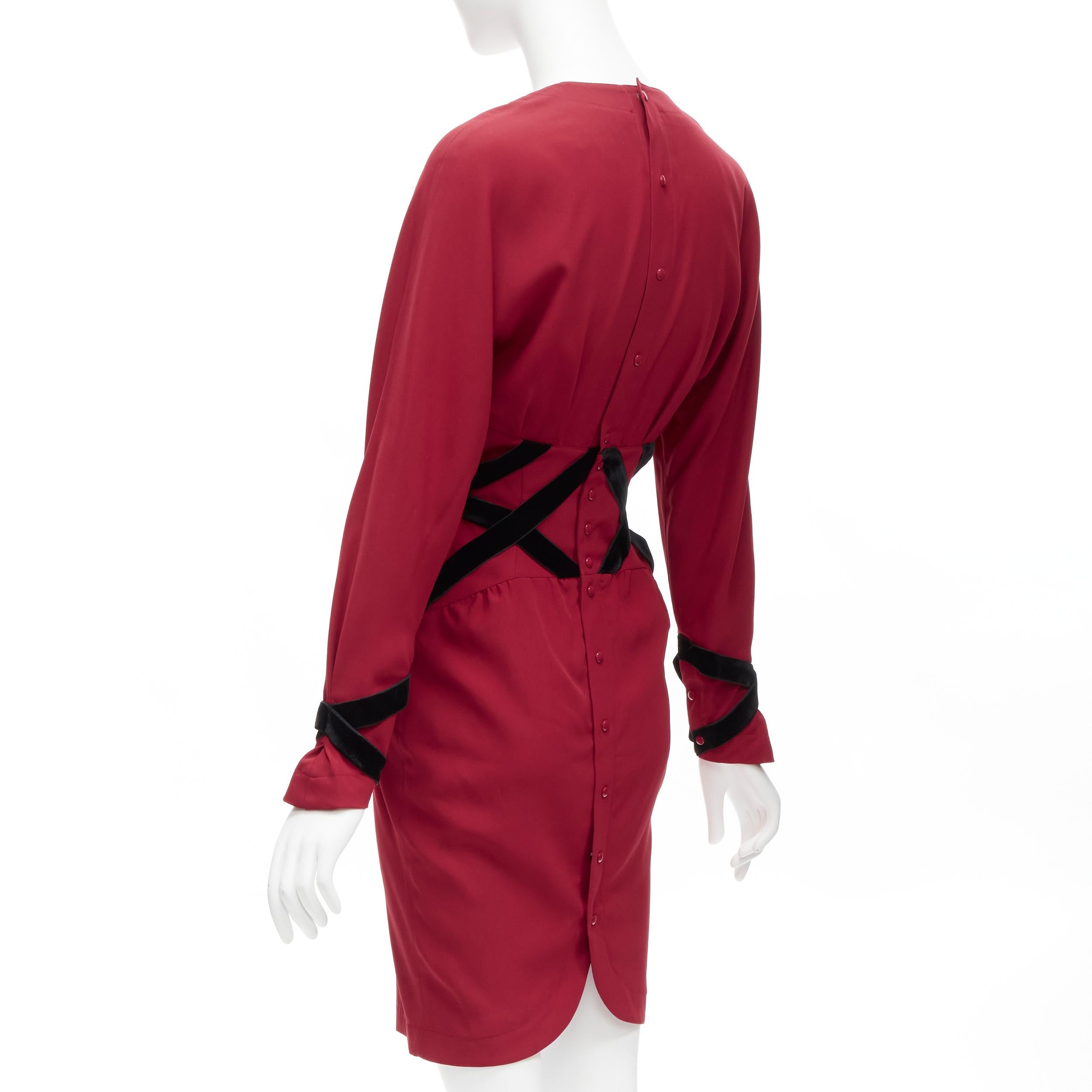 THIERRY MUGLER Vintage black velvet crisscross corset red cocktail dress IT7AR S For Sale 1