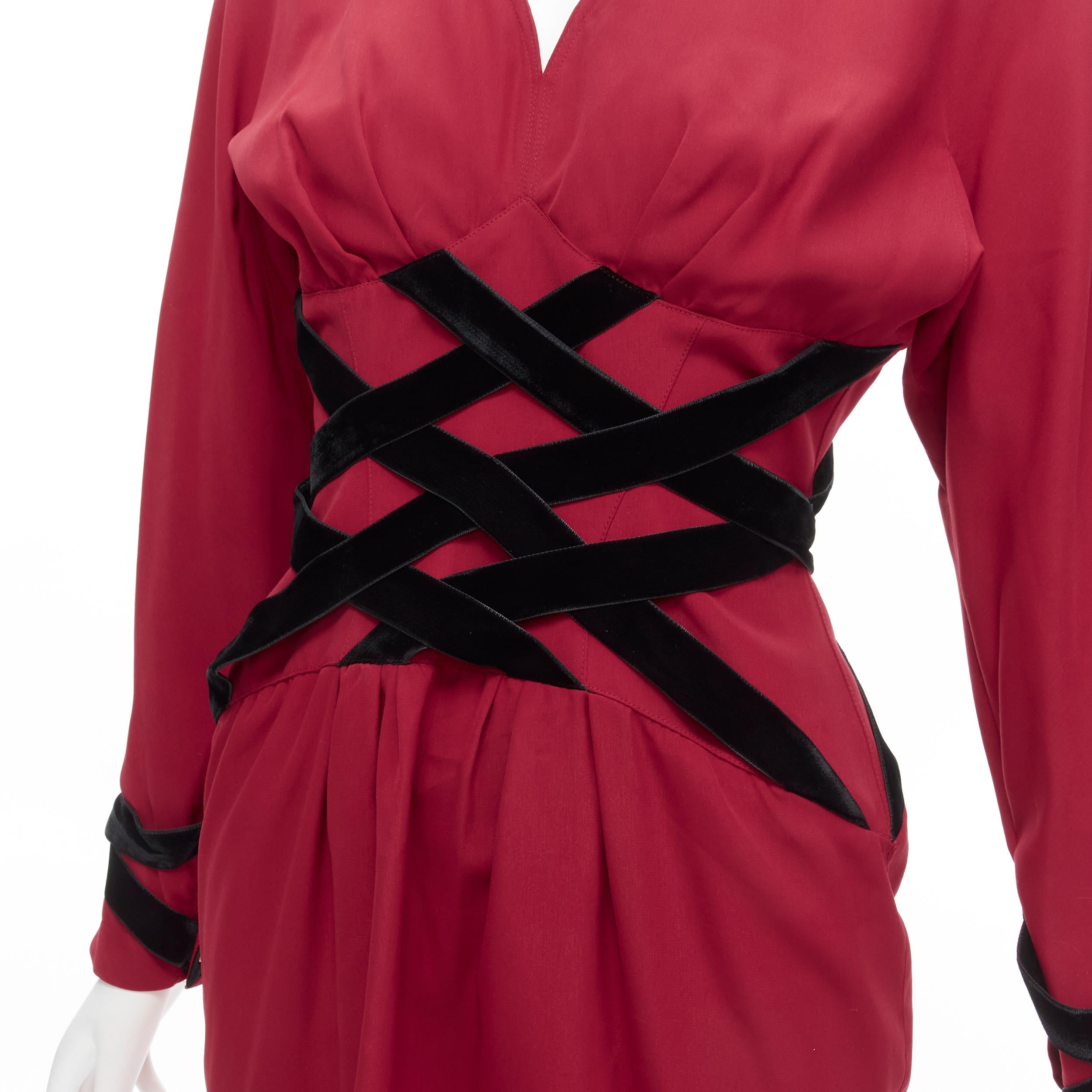 THIERRY MUGLER Vintage black velvet crisscross corset red cocktail dress IT7AR S For Sale 2