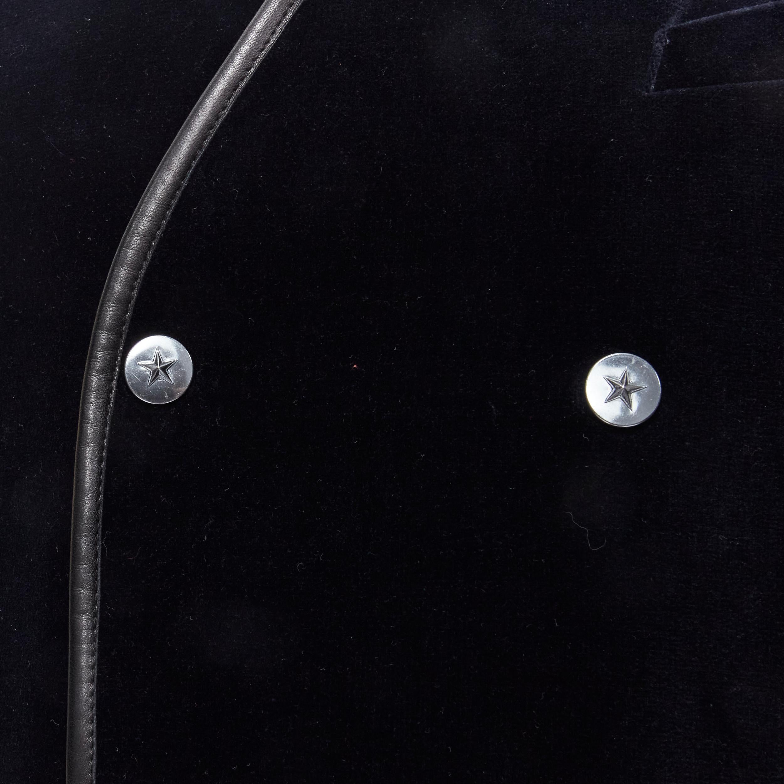 THIERRY MUGLER Vintage black velvet star button blazer suit EU50 L Reference: PRTI/A00001 
Brand: Thierry Mugler 
Material: Velvet 
Color: Black 
Pattern: Solid 
Closure: Snap button 
Extra Detail: Black velvet. Black leather piping. Gunmetal silver