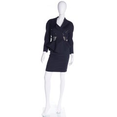 Thierry Mugler Vintage Black Wool Peplum Jacket & Skirt Suit w Silver Buckles