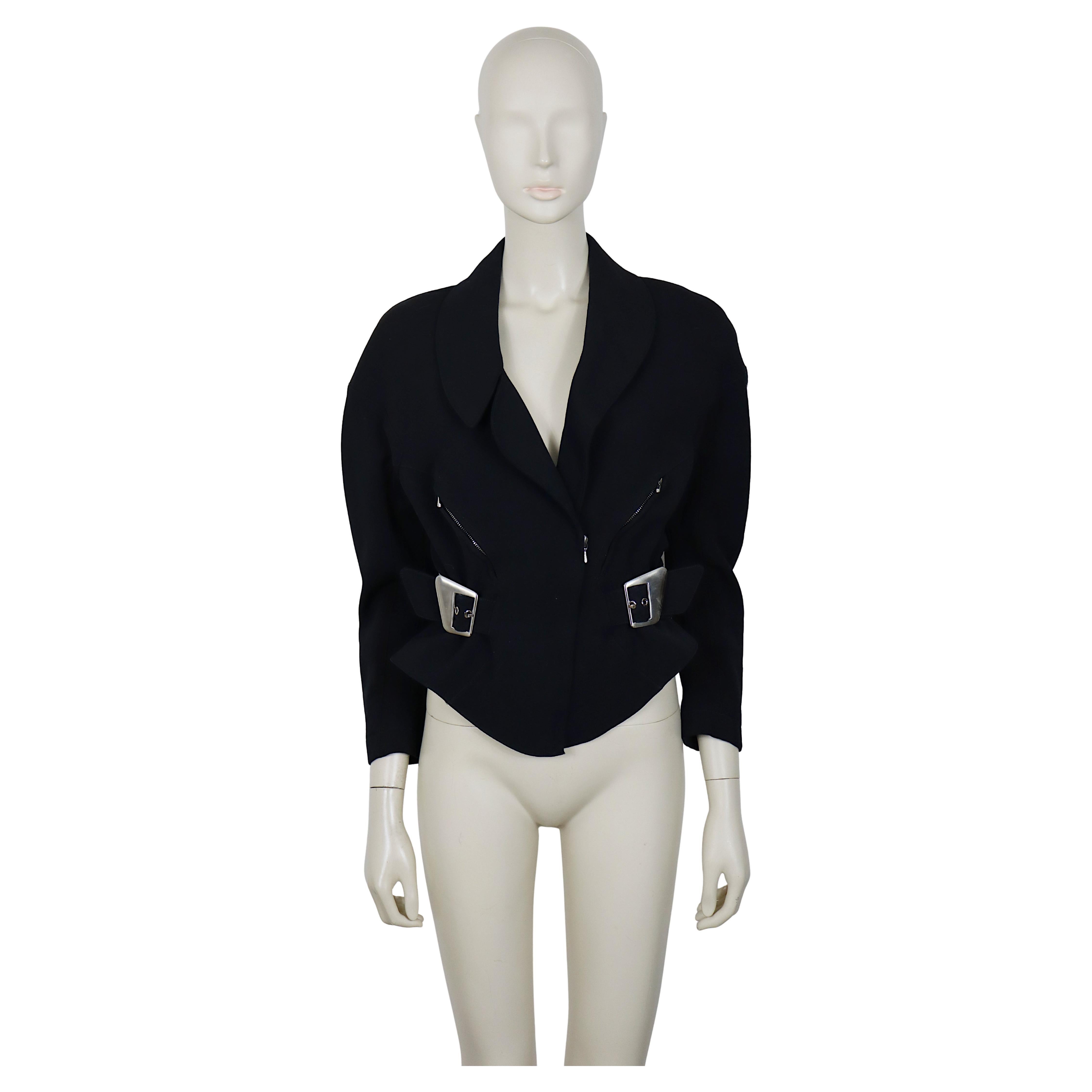 Thierry Mugler - Giacca Peplum in lana pettinata nera vintage in vendita