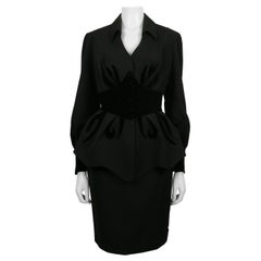 Thierry Mugler Vintage Black Worsted Wool Velvet Appliques Skirt Suit 